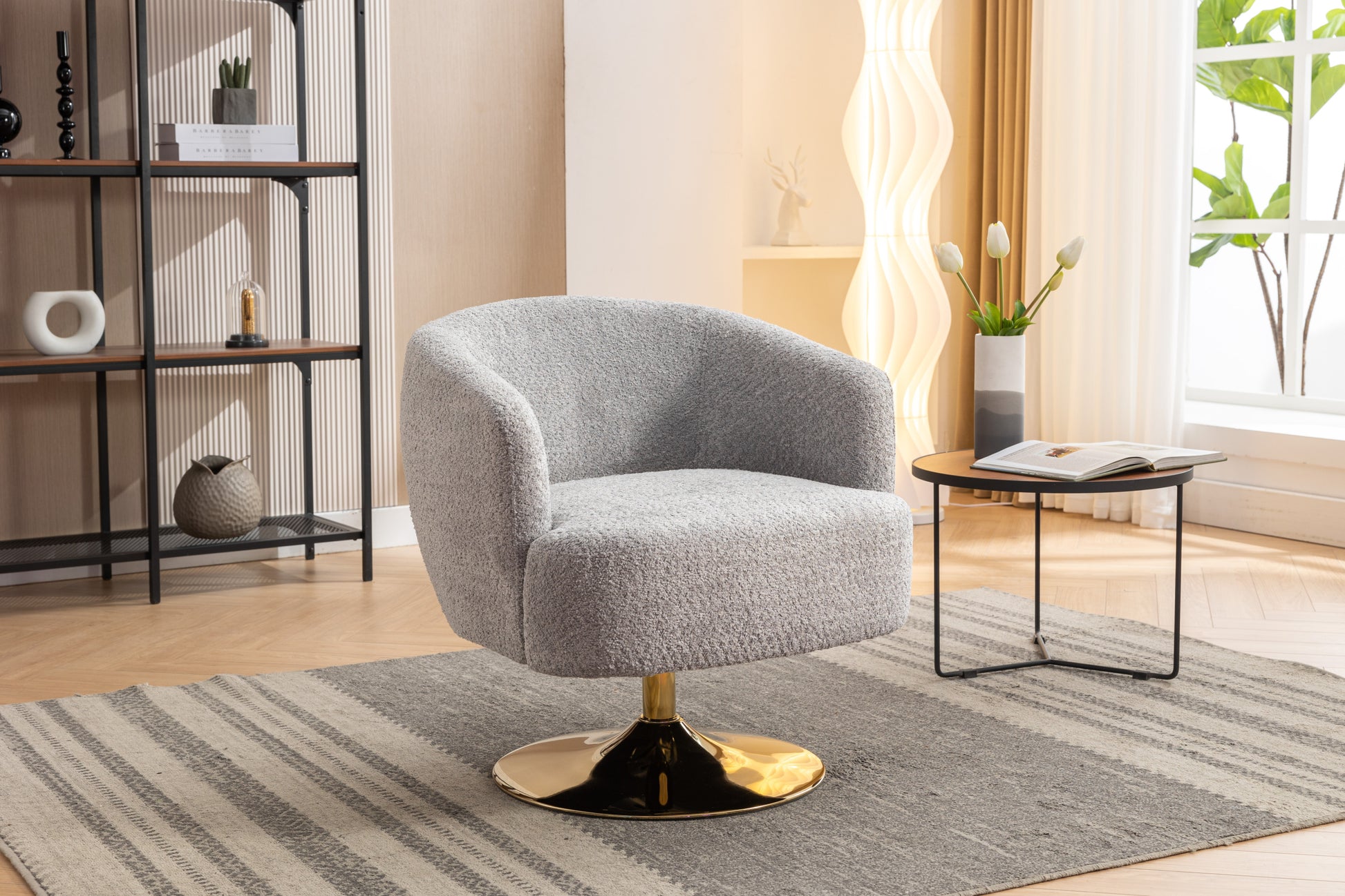 048 Chenille Fabric Accent Swivel Chair With Gold Metal Round Base,Light Gray Light Gray White Primary Living Space Modern Eucalyptus Foam Chenille