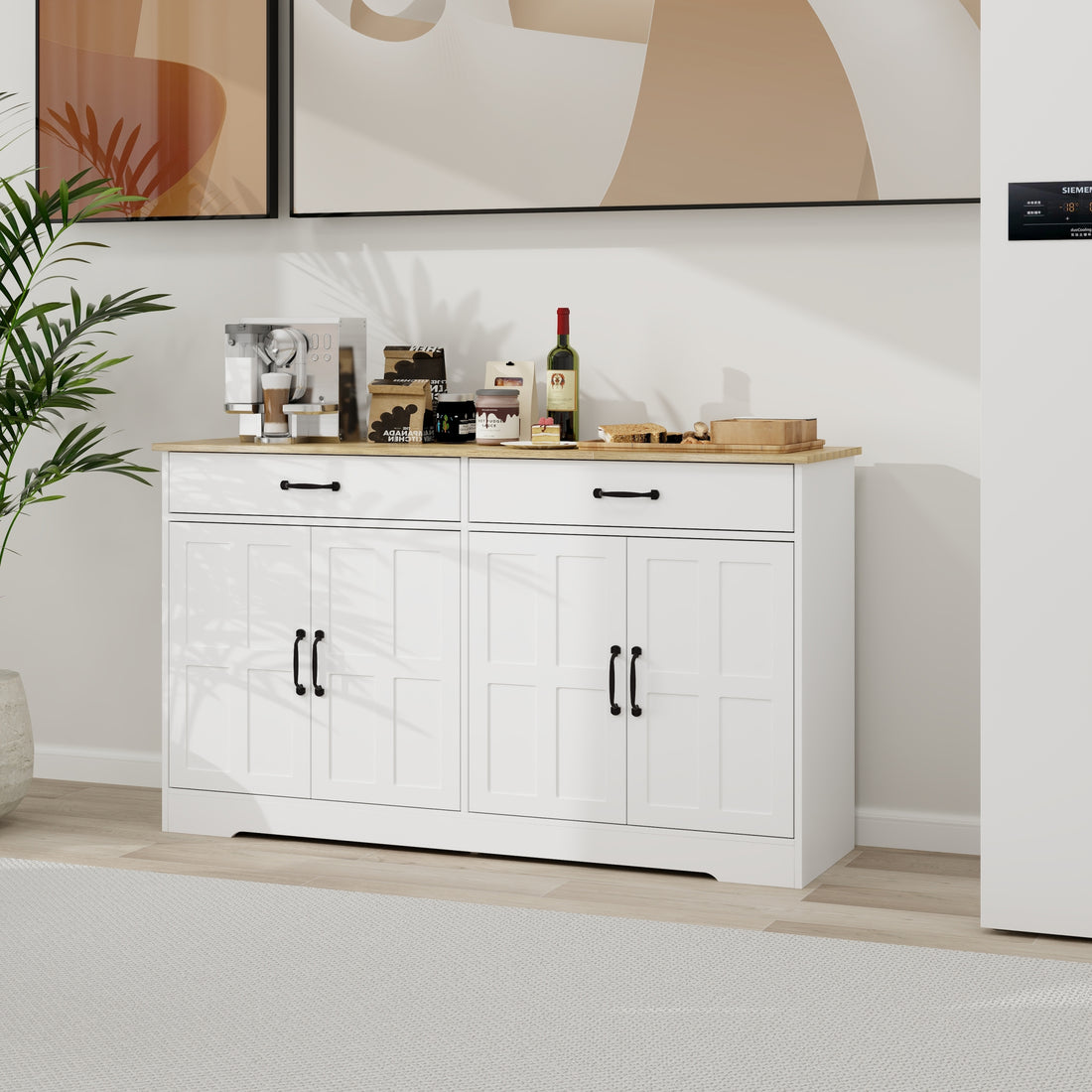 55.91" Large Farmhouse Buffet Cabinet Storage Sideboard With 2 Drawers And 4 Doors For Dining Living Room Kitchen Cupboard White White Mdf