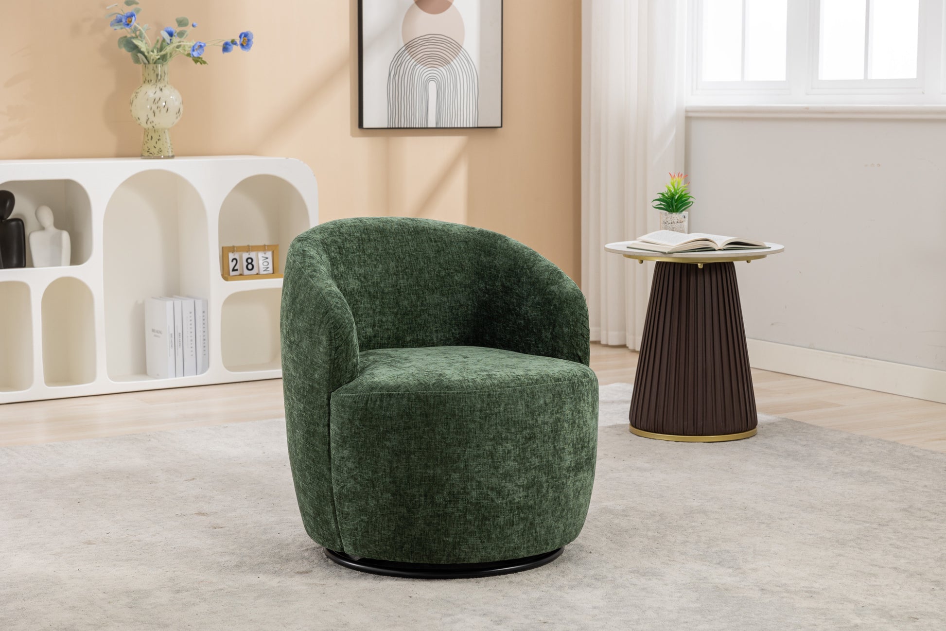 037 Chenille Fabric Swivel Accent Armchair Barrel Chair With Black Powder Coating Metal Ring,Green Green Primary Living Space Modern Eucalyptus Foam Chenille