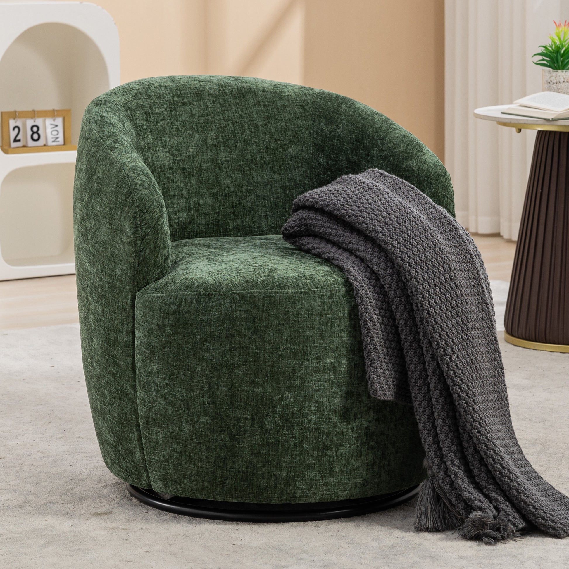 037 Chenille Fabric Swivel Accent Armchair Barrel Chair With Black Powder Coating Metal Ring,Green Green Primary Living Space Modern Eucalyptus Foam Chenille