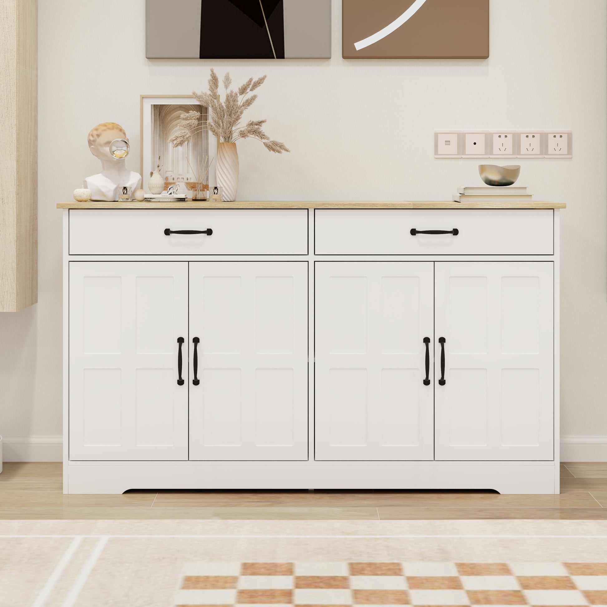 55.91" Large Farmhouse Buffet Cabinet Storage Sideboard With 2 Drawers And 4 Doors For Dining Living Room Kitchen Cupboard White White Mdf