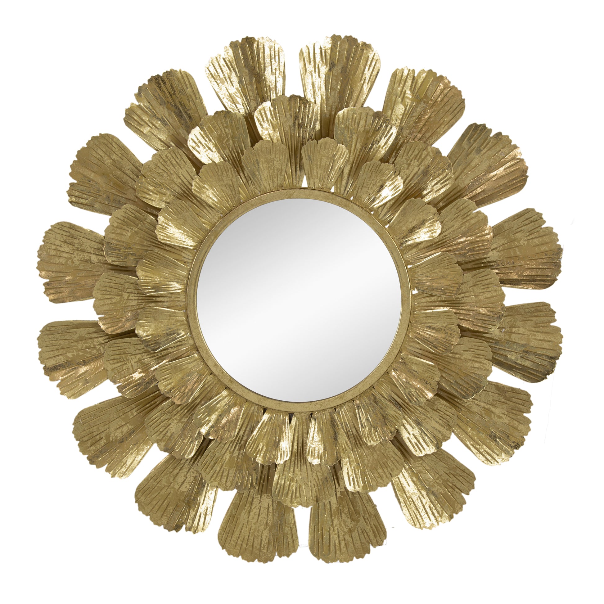 Round Gold Metal Mirror With Trumpet Vine Motif, 37X3" Gold Iron