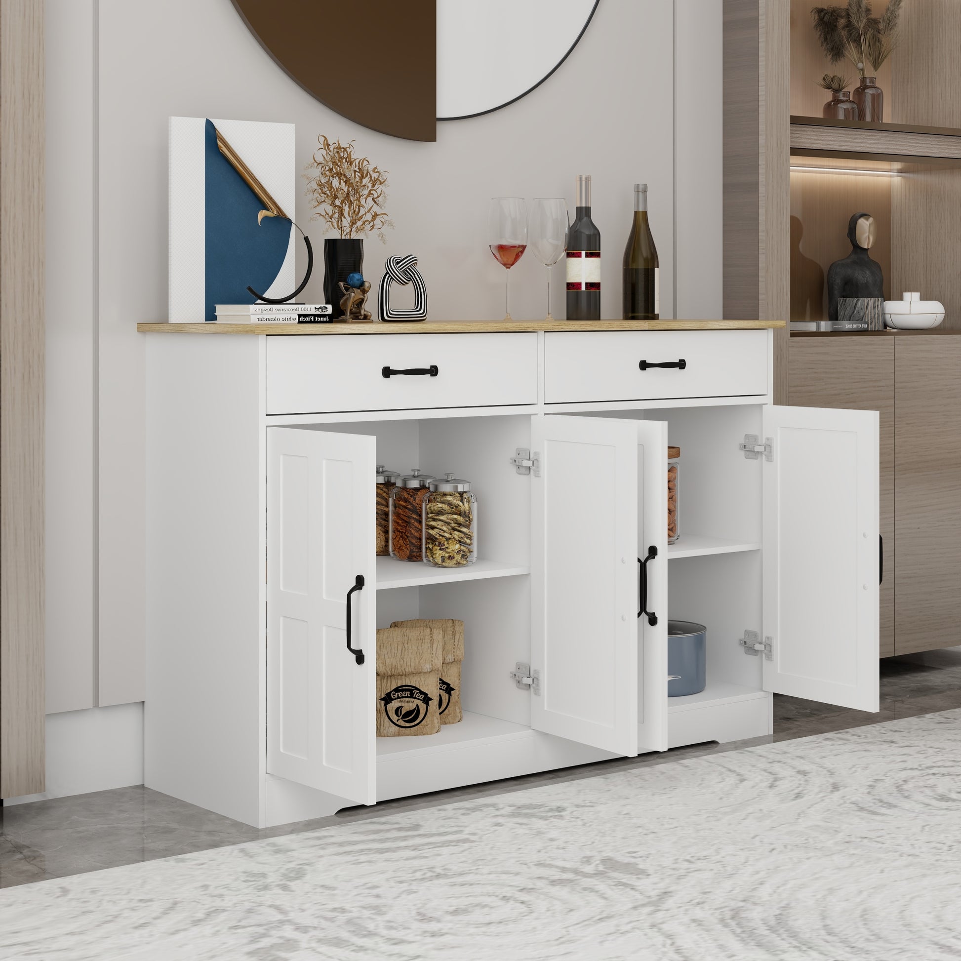 47.95" Farmhouse Buffet Cabinet Storage Sideboard With 2 Drawers And 4 Doors For Dining Living Room Kitchen Cupboard White White Mdf