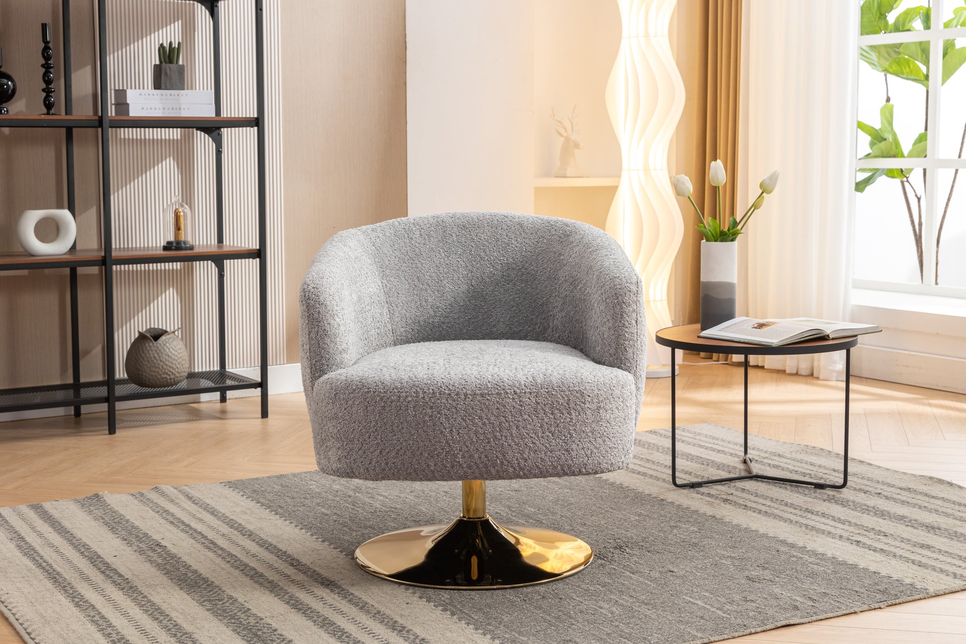 048 Chenille Fabric Accent Swivel Chair With Gold Metal Round Base,Light Gray Light Gray White Primary Living Space Modern Eucalyptus Foam Chenille
