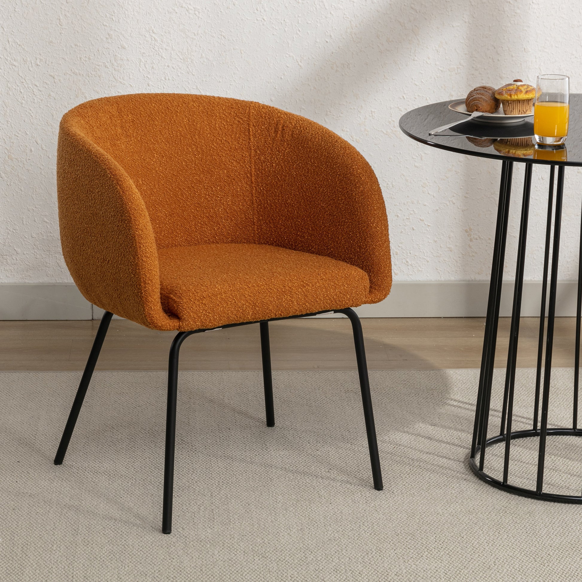 039 Set Of 1 Boucle Fabric Dining Chair With Black Metal Legs,Ginger Wood Ginger Dining Room Foam Wipe Clean Modern Dining Chairs Wing Back Foam Boucle