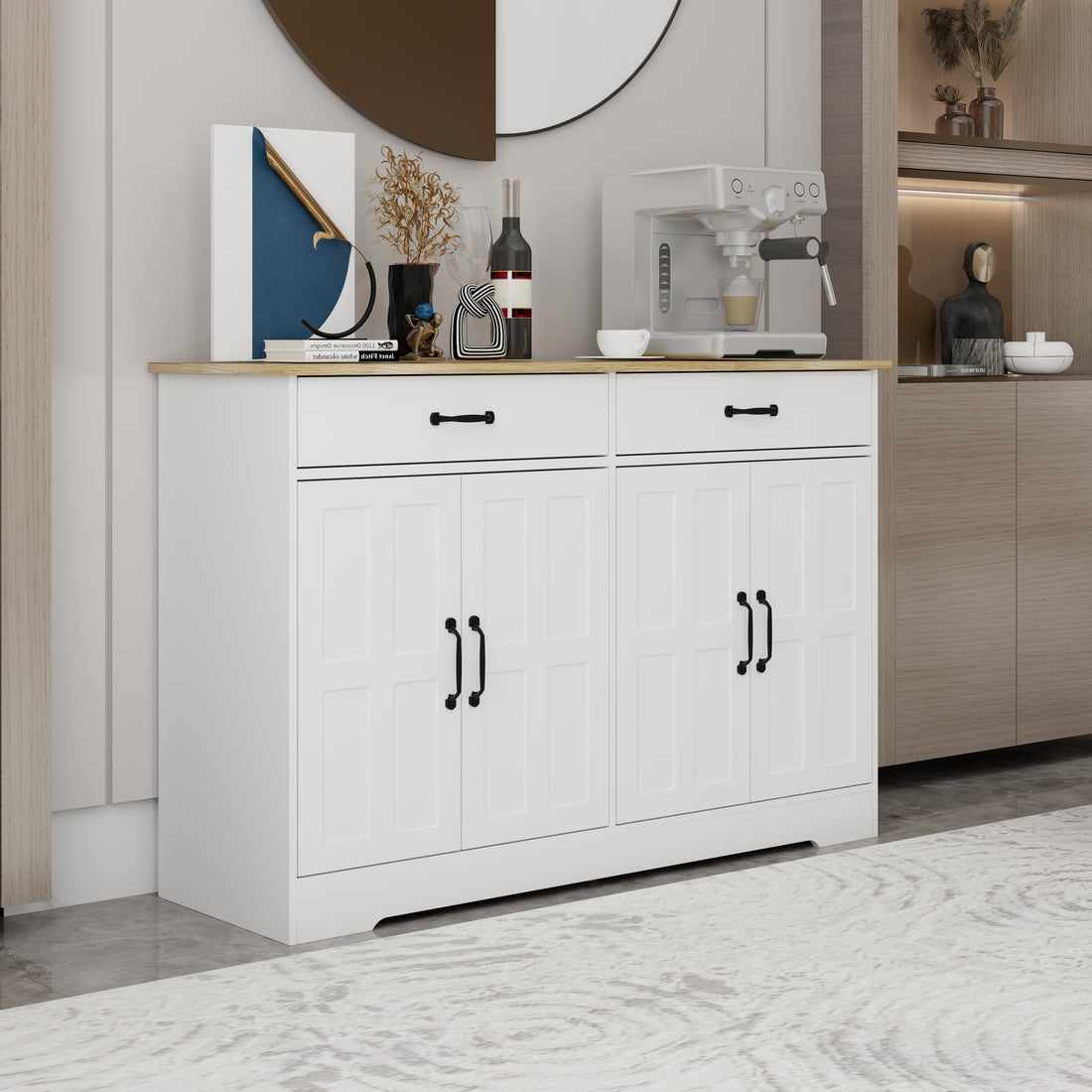 47.95" Farmhouse Buffet Cabinet Storage Sideboard With 2 Drawers And 4 Doors For Dining Living Room Kitchen Cupboard White White Mdf