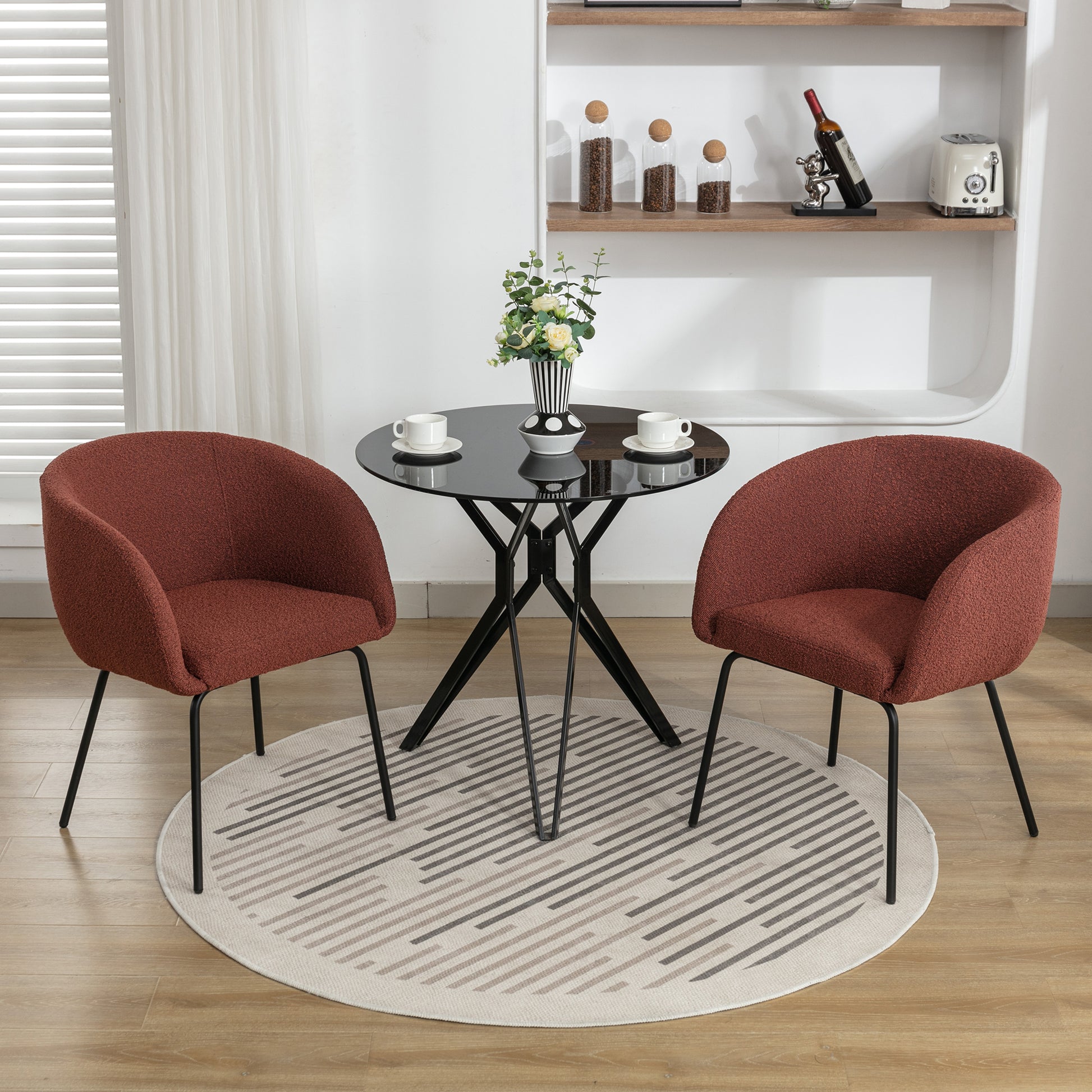 040 Set Of 2 Boucle Fabric Dining Chairs With Black Metal Legs,Wine Red Wood Wine Red Dining Room Foam Wipe Clean Modern Dining Chairs Wing Back Foam Boucle