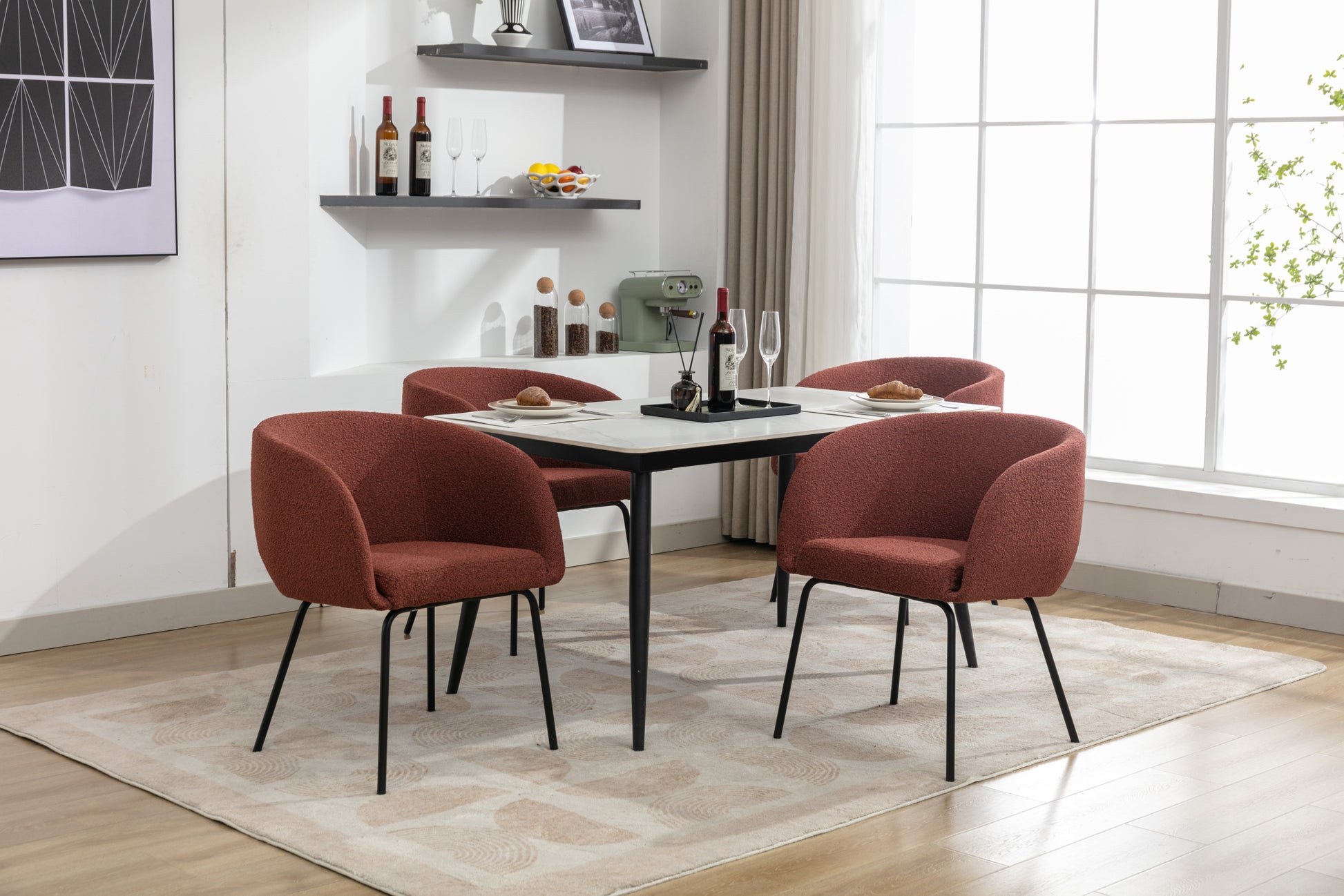 040 Set Of 2 Boucle Fabric Dining Chairs With Black Metal Legs,Wine Red Wood Wine Red Dining Room Foam Wipe Clean Modern Dining Chairs Wing Back Foam Boucle