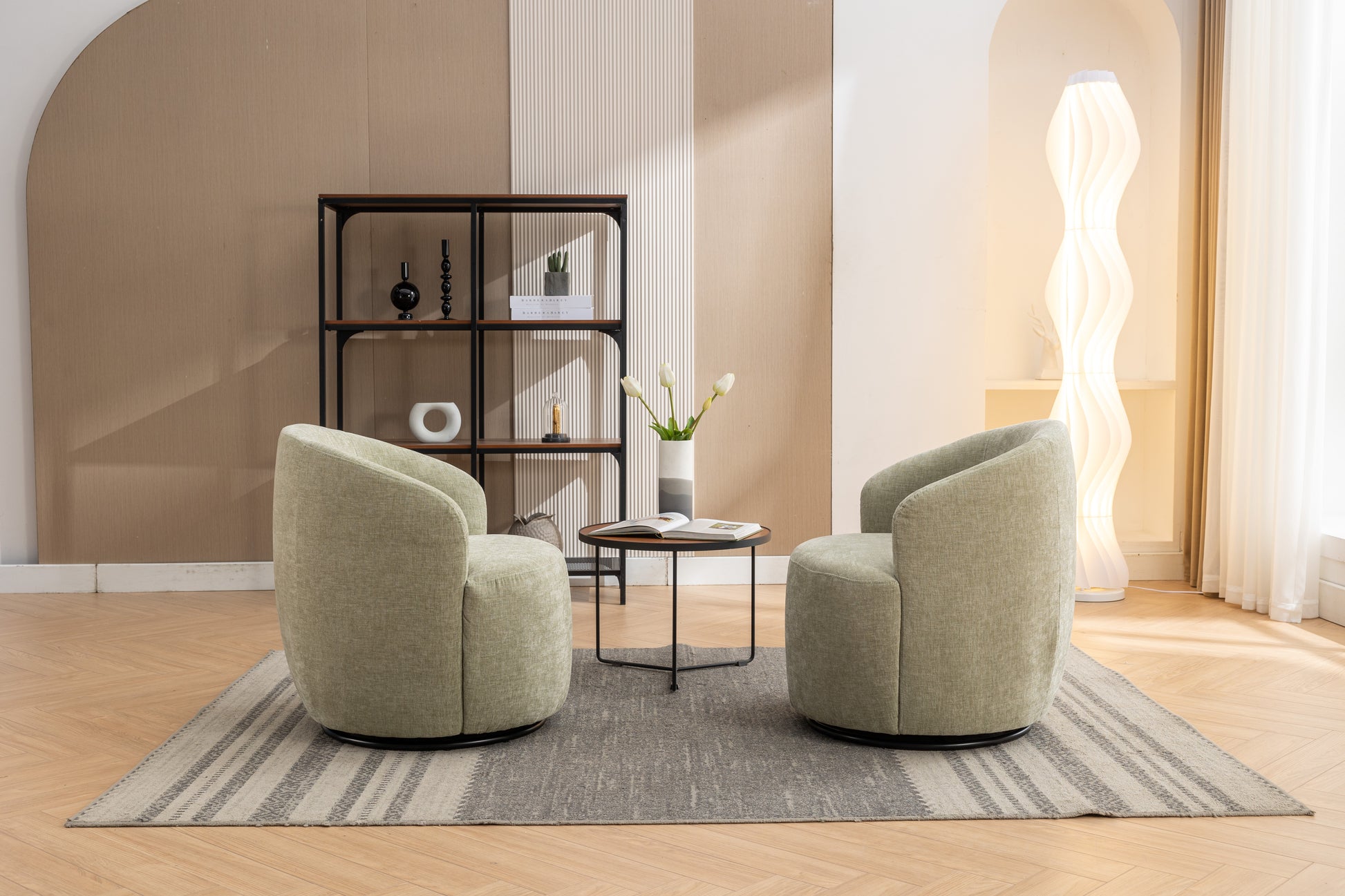 037 Chenille Fabric Swivel Accent Armchair Barrel Chair With Black Powder Coating Metal Ring,Light Green Light Green Primary Living Space Modern Eucalyptus Foam Chenille