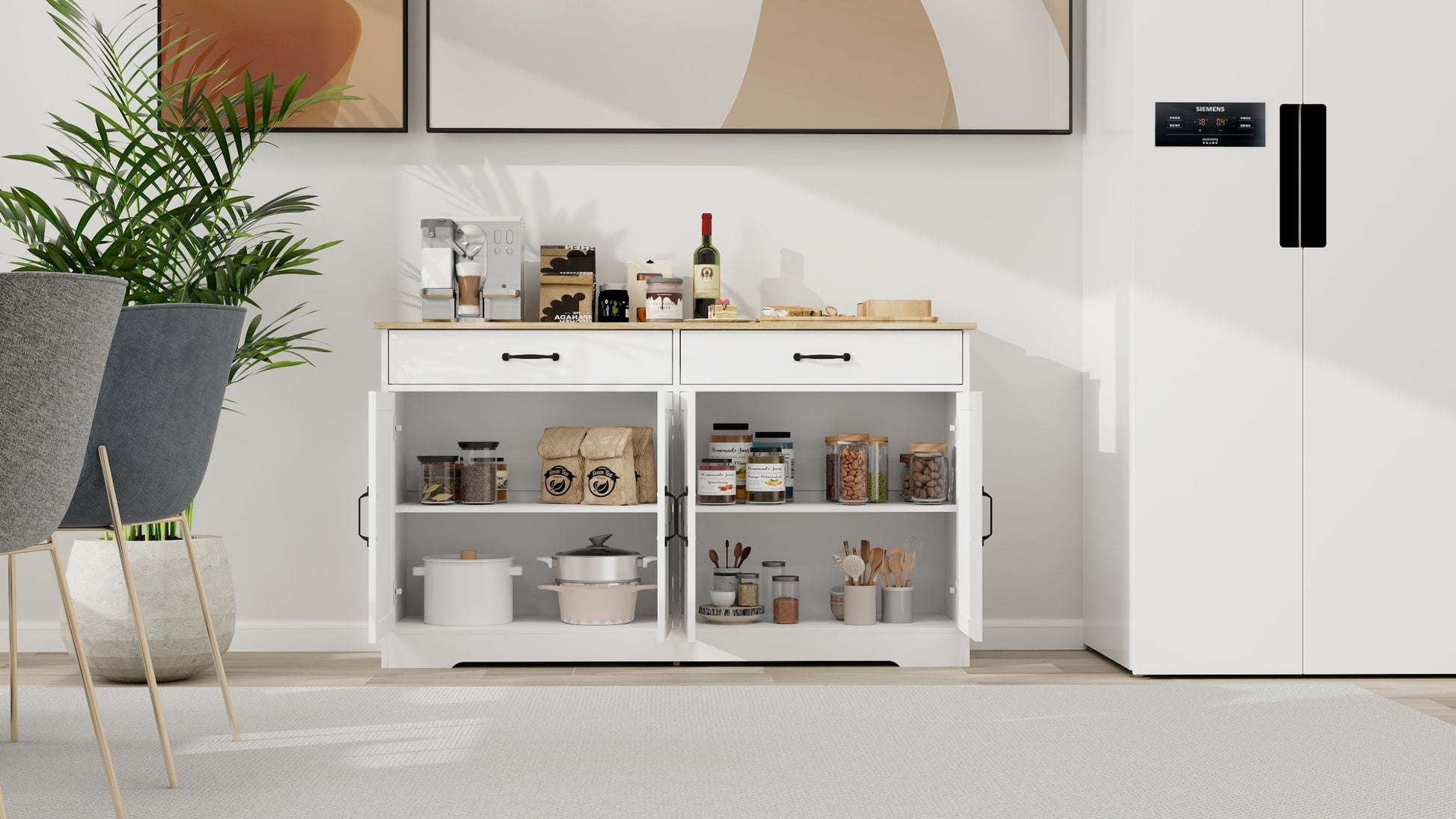 55.91" Large Farmhouse Buffet Cabinet Storage Sideboard With 2 Drawers And 4 Doors For Dining Living Room Kitchen Cupboard White White Mdf