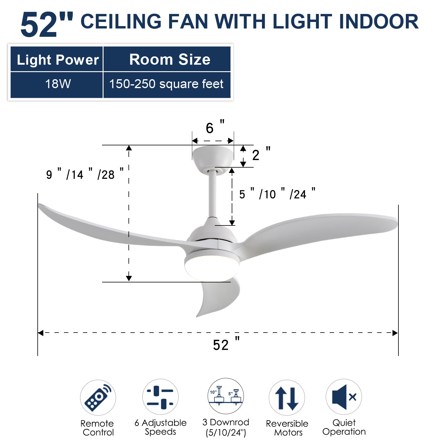 52 Inch Ceiling Fan With Dimmable Led Light 3 Solid white-metal & wood