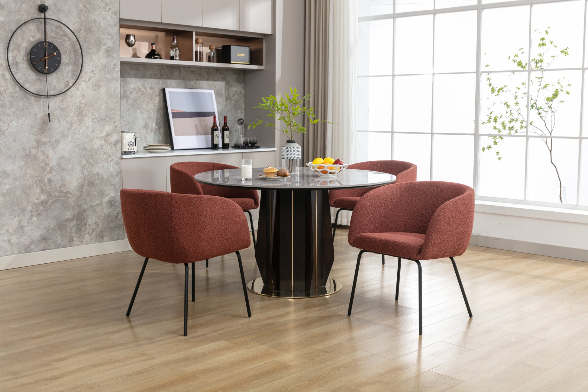 040 Set Of 2 Boucle Fabric Dining Chairs With Black Metal Legs,Wine Red Wood Wine Red Dining Room Foam Wipe Clean Modern Dining Chairs Wing Back Foam Boucle