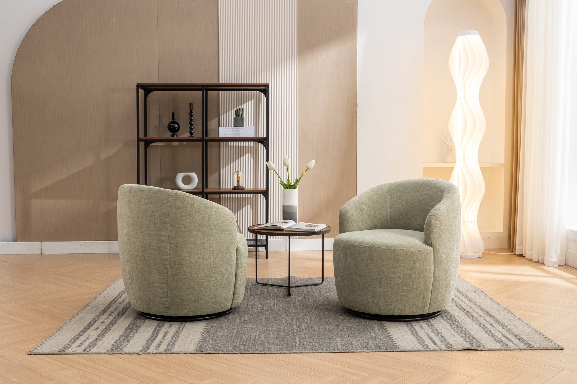 037 Chenille Fabric Swivel Accent Armchair Barrel Chair With Black Powder Coating Metal Ring,Light Green Light Green Primary Living Space Modern Eucalyptus Foam Chenille