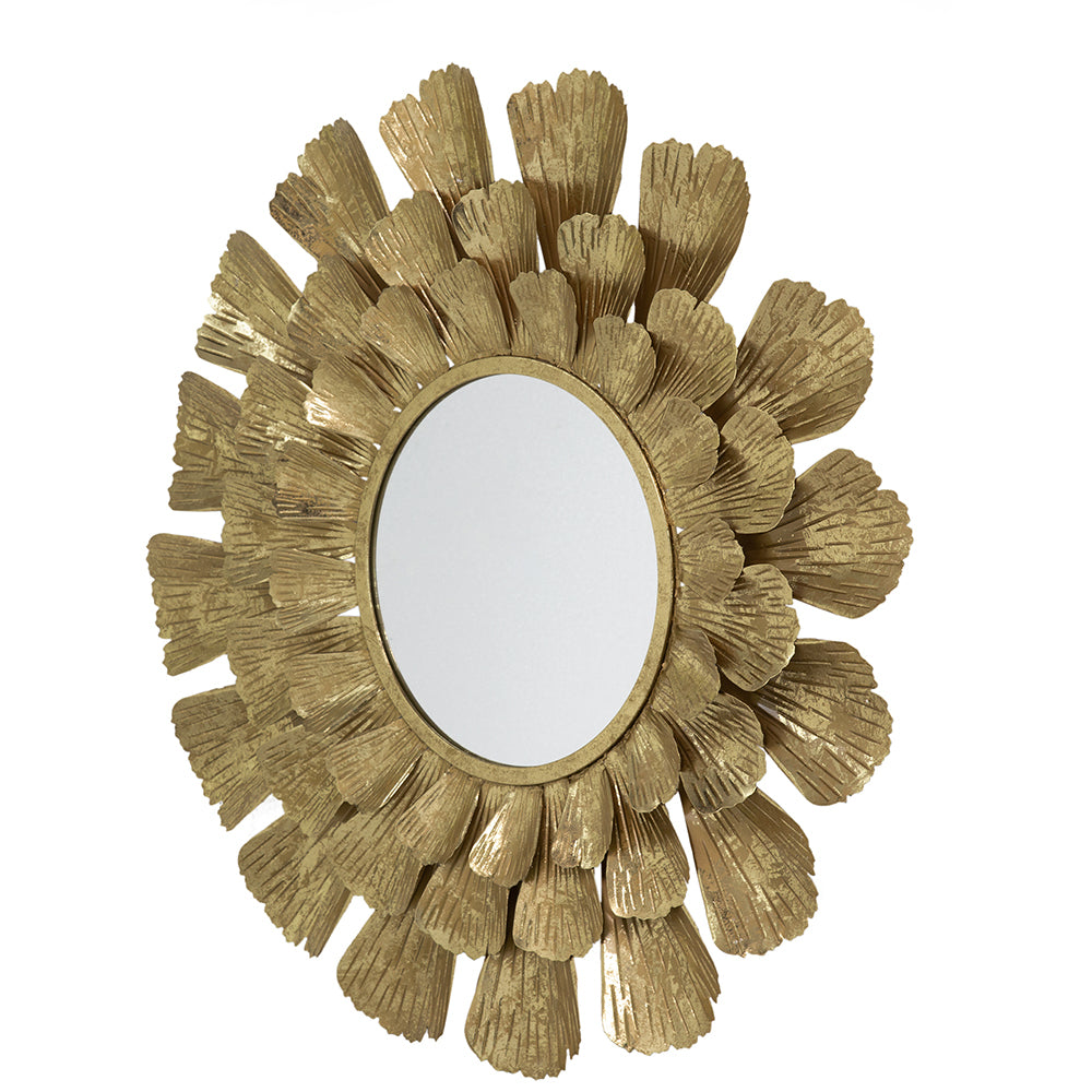 Round Gold Metal Mirror With Trumpet Vine Motif, 37X3" Gold Iron