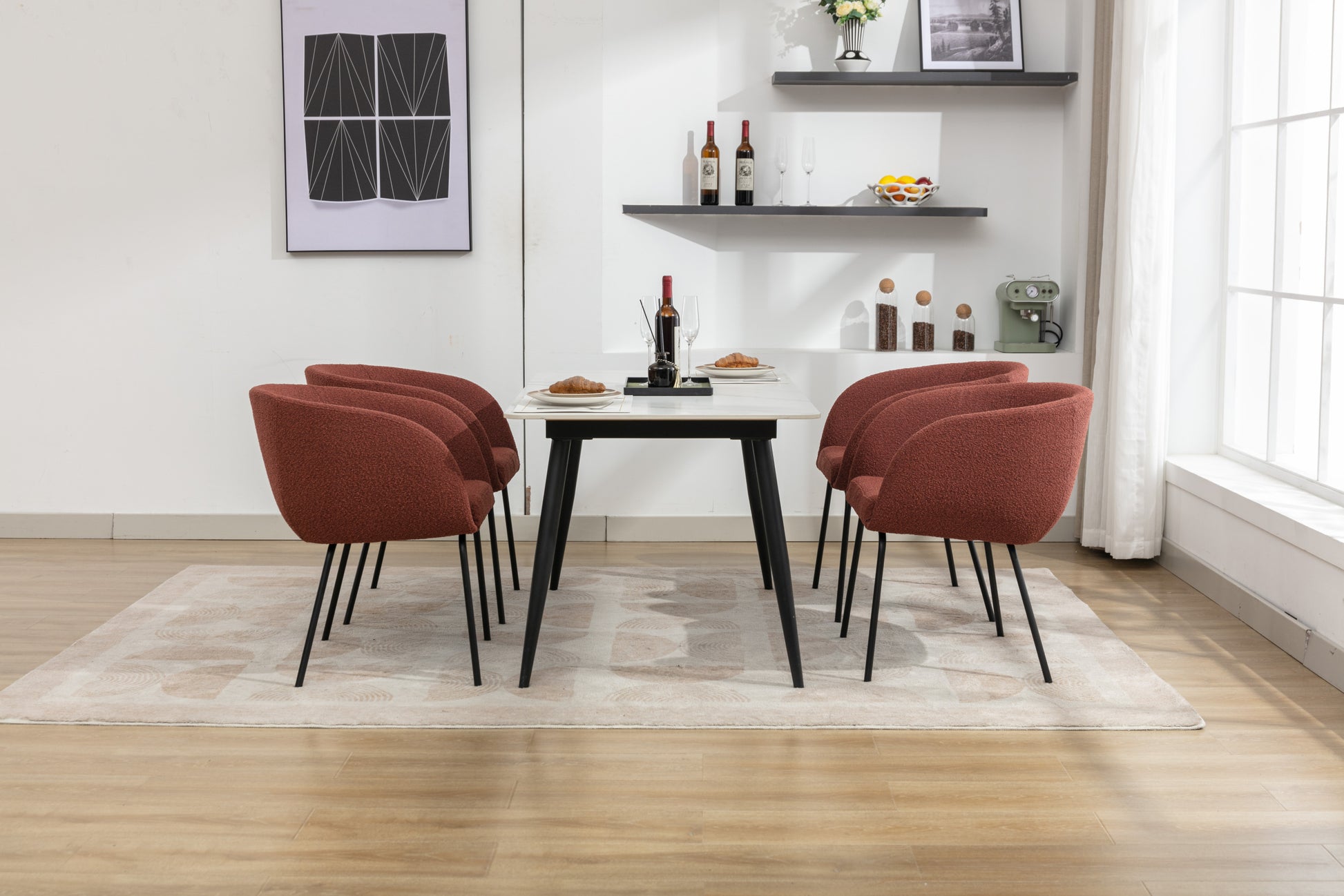 040 Set Of 2 Boucle Fabric Dining Chairs With Black Metal Legs,Wine Red Wood Wine Red Dining Room Foam Wipe Clean Modern Dining Chairs Wing Back Foam Boucle