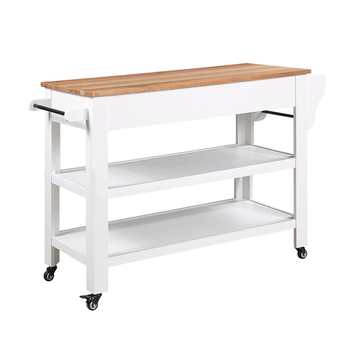 57 Inch Rolling Kitchen Island With Storage,Kitchen Cart With Solid Oak Wood Top,Two Sided Kitchen Island Cart On Wheels ,Wine And Spice Rack, Large Kitchen Cart With 2 Drawers, Milk White Natural Top White Natural Dining Room American Design Rectangular