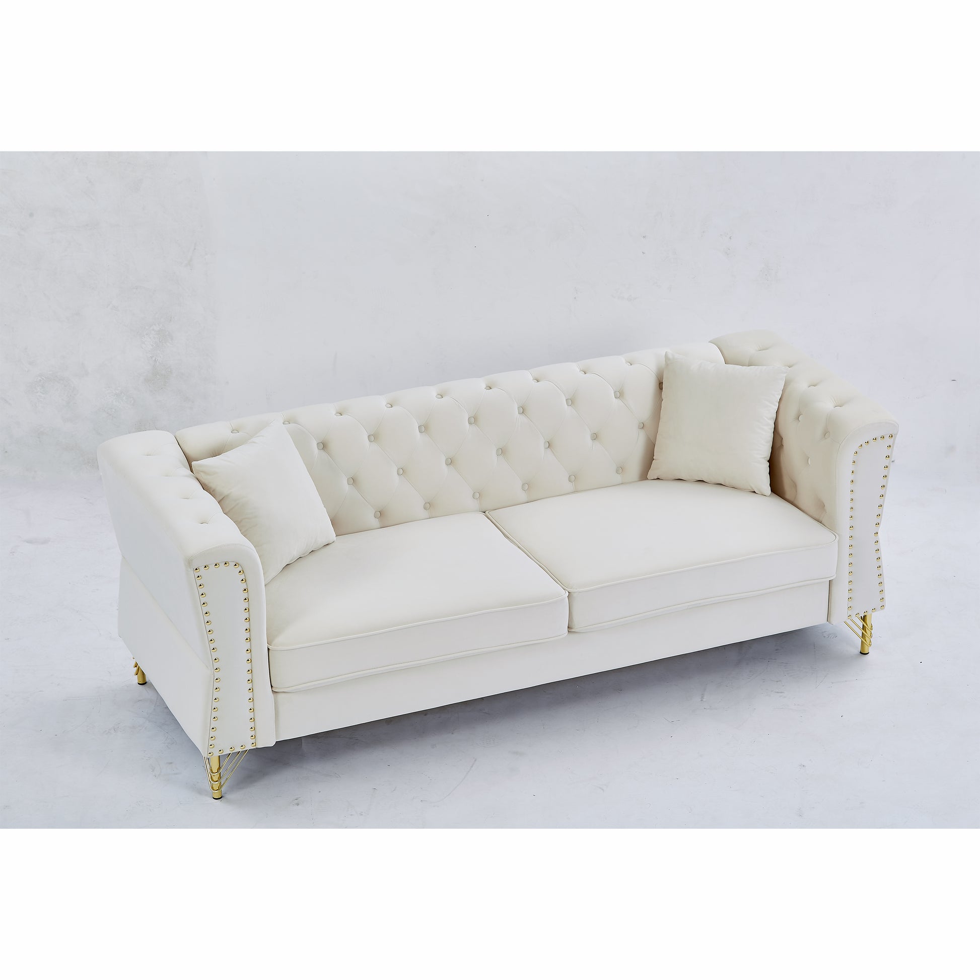 3 Seater 3 Seater Combination Sofa Tufted Couch With Rolled Arms And For Living Room, Bedroom, Office, Apartment, Four Pillows Beige Foam Velvet