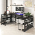 U shaped Desk with Shelve and LED lights black-mdf