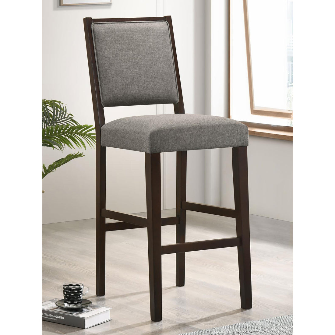 Grey And Espresso Stool With Footrest Set Of 2 Grey Espresso Dining Room Wipe Clean Transitional Bar Stools Open Back Wood