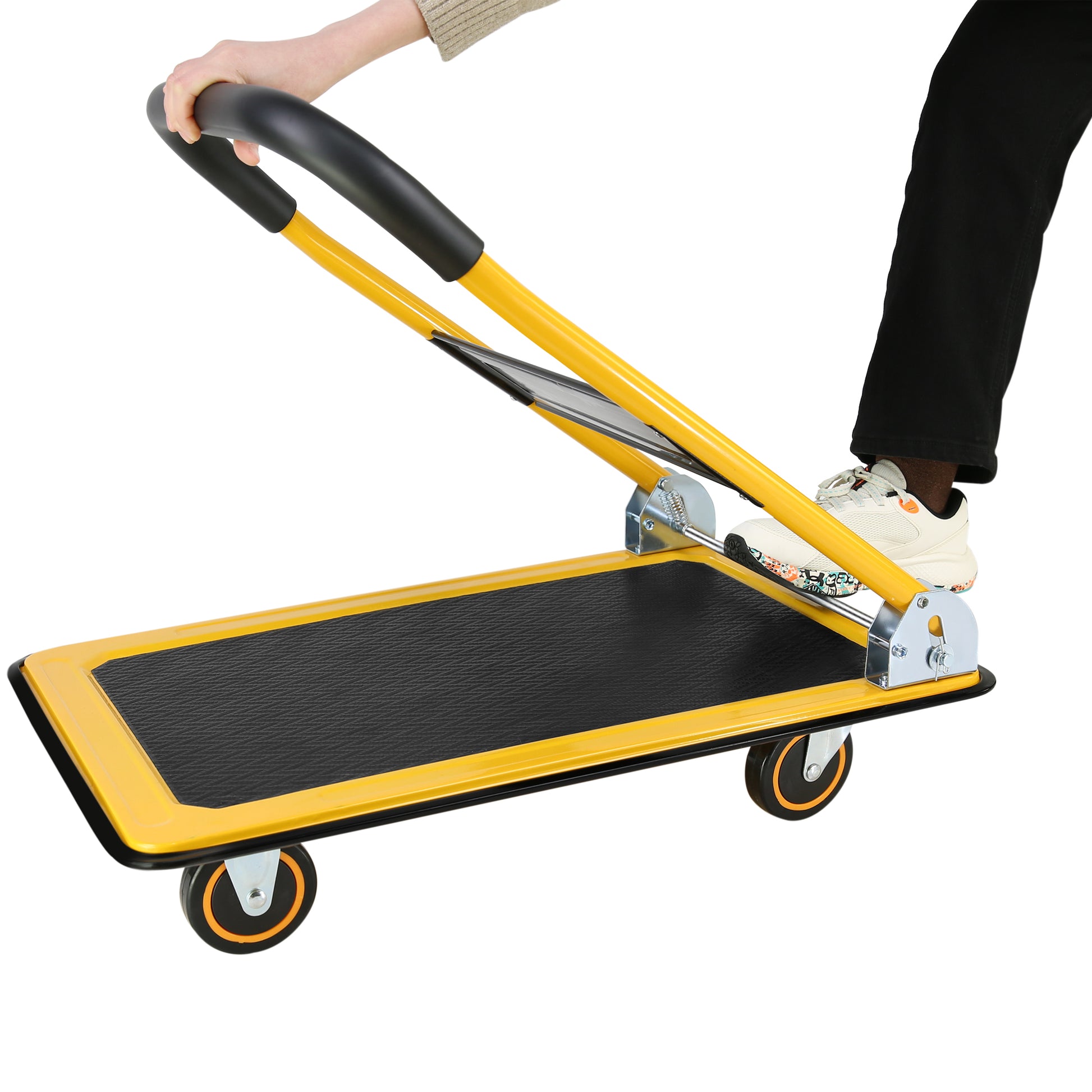 Moving Platform Hand Truck Home Large Foldable Push Cart Dolly 330 Lbs Capacity Heavy Duty Space Saving Collapsible Swivel Push Handle Flat Bed Wagon Yellow Steel