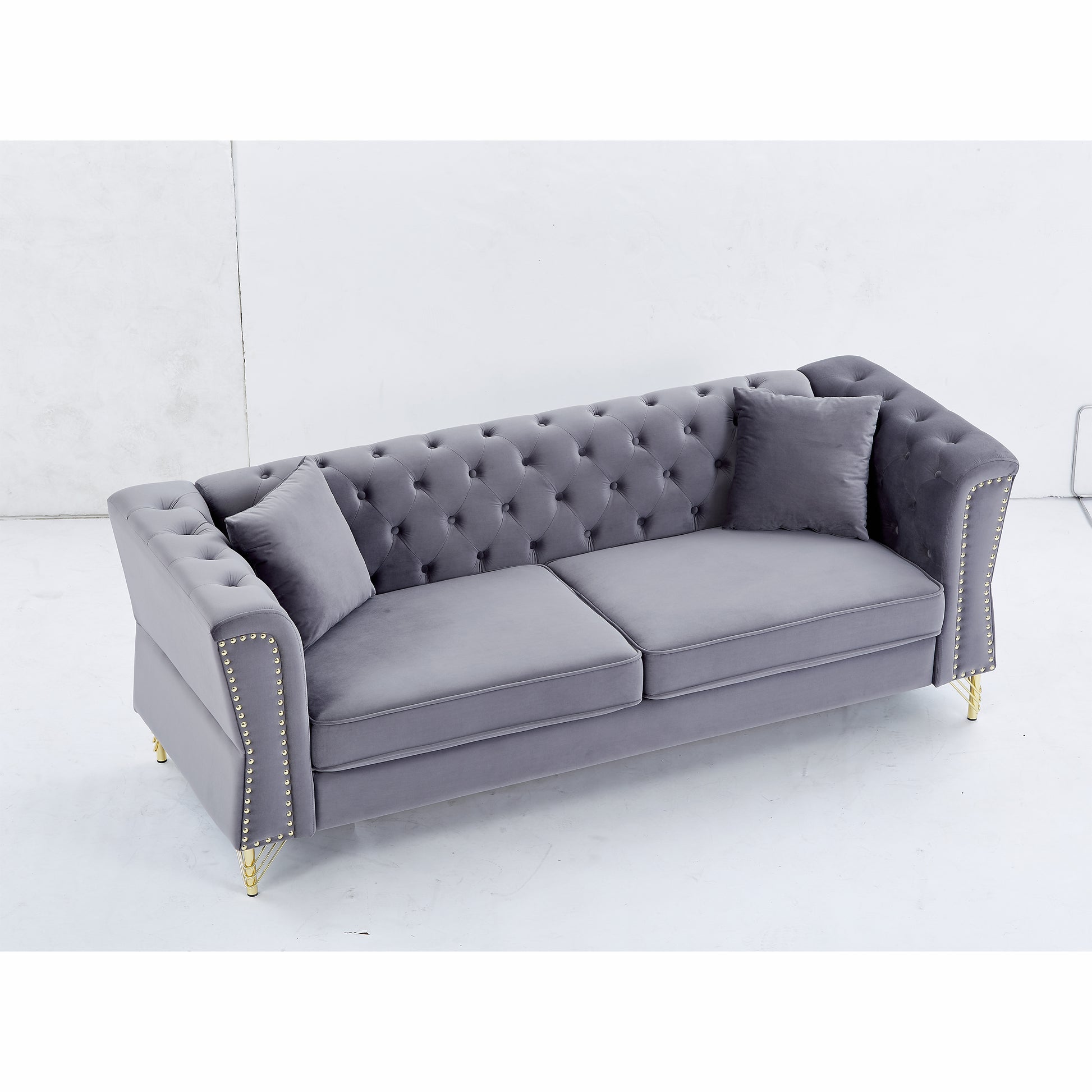 81.8" Chesterfield Sofa Grey Velvet For Living Room, 3 Seater Sofa Tufted Couch With Metal Foot And For Living Room, Bedroom, Office, Apartment, Two Pillows Grey Foam Velvet