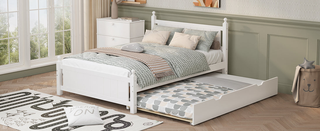 Full Size Solid Wood Platform Bed Frame With Trundle For Limited Kids, Teens, Adults, No Need Box Spring, White Box Spring Not Required Full White Wood Bedroom Mid Century Modern,Modern Pine Bed Frame Wood