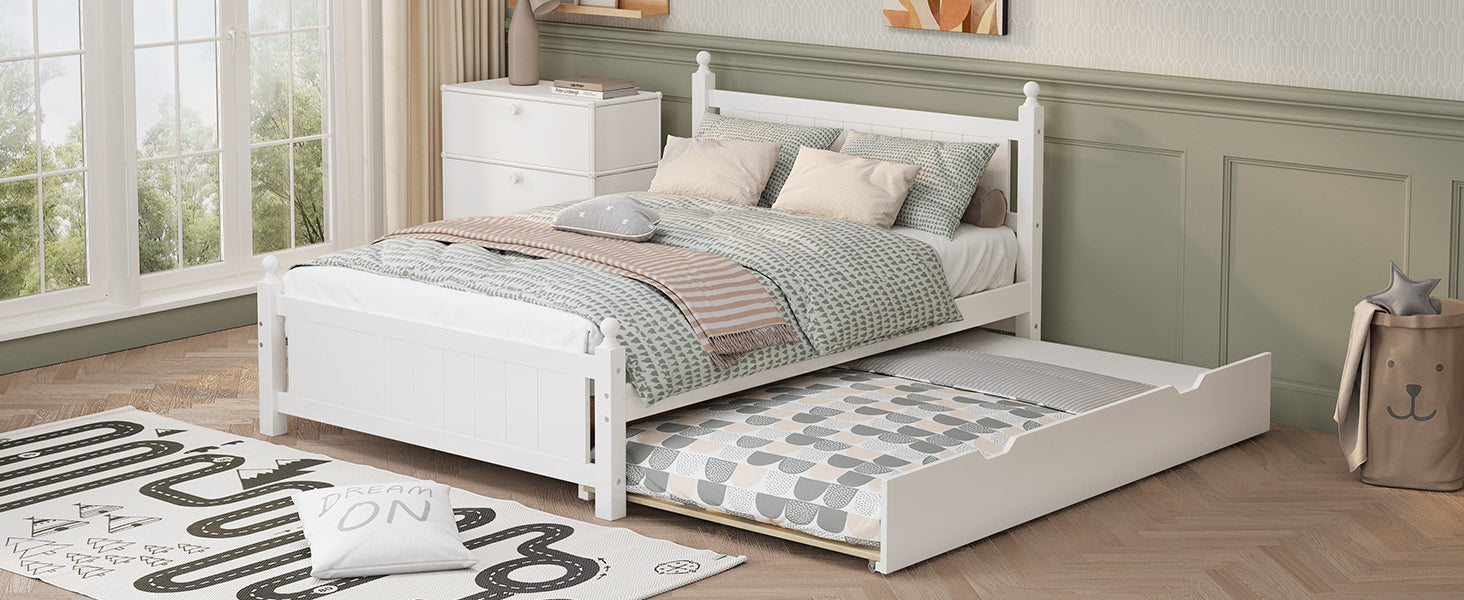 Full Size Solid Wood Platform Bed Frame With Trundle For Limited Kids, Teens, Adults, No Need Box Spring, White Box Spring Not Required Full White Wood Bedroom Mid Century Modern,Modern Pine Bed Frame Wood