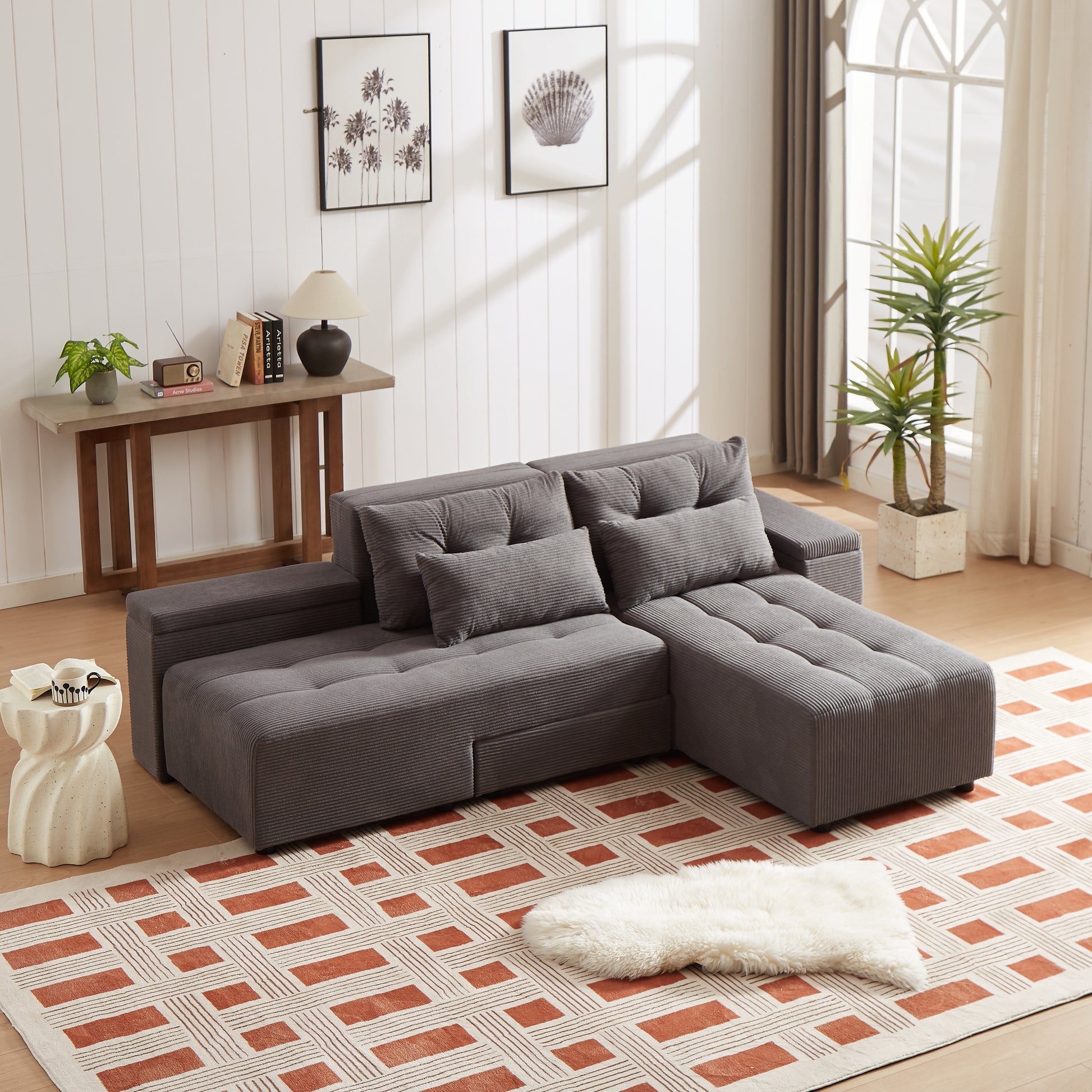 Convertible 3 In 1 Sleeper Sofa And Sectional Sofa With 4 Storage Space For Living Room,Corduroy Couch With 4 Pillows,Corduroy Grey Corduroy 3 Seat