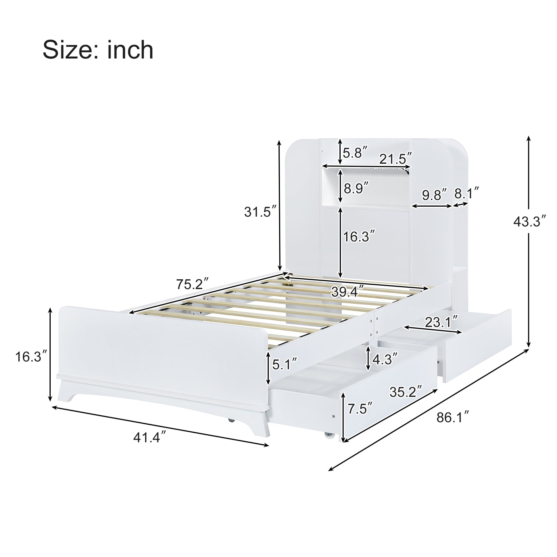 Twin Size Storage Platform Bed Frame With With Two Drawers And Light Strip Design In Headboard,White White Solid Wood Mdf