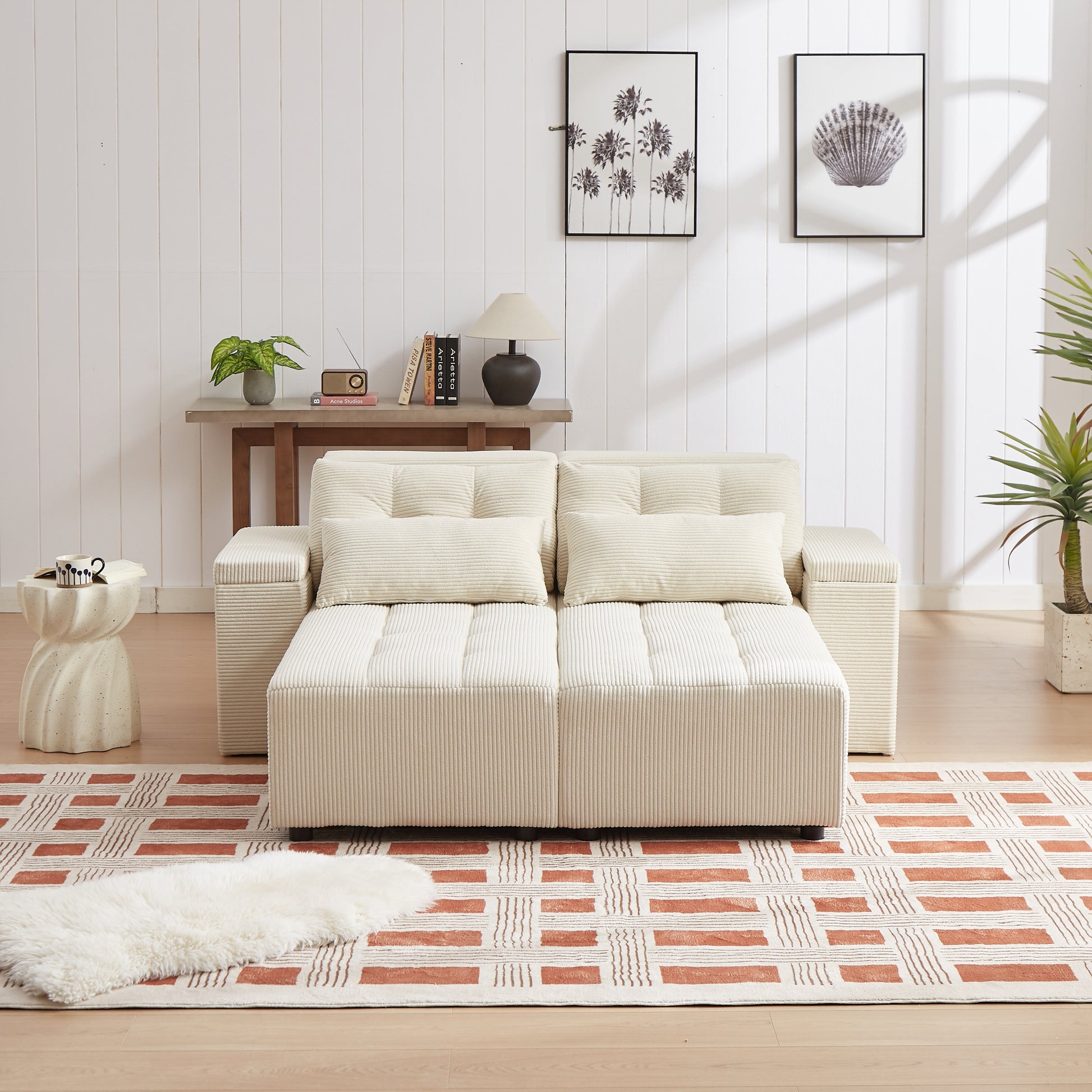 Convertible 3 In 1 Sleeper Sofa And Sectional Sofa With 4 Storage Space For Living Room,Corduroy Couch With 4 Pillows,Corduroy Beige Corduroy 3 Seat