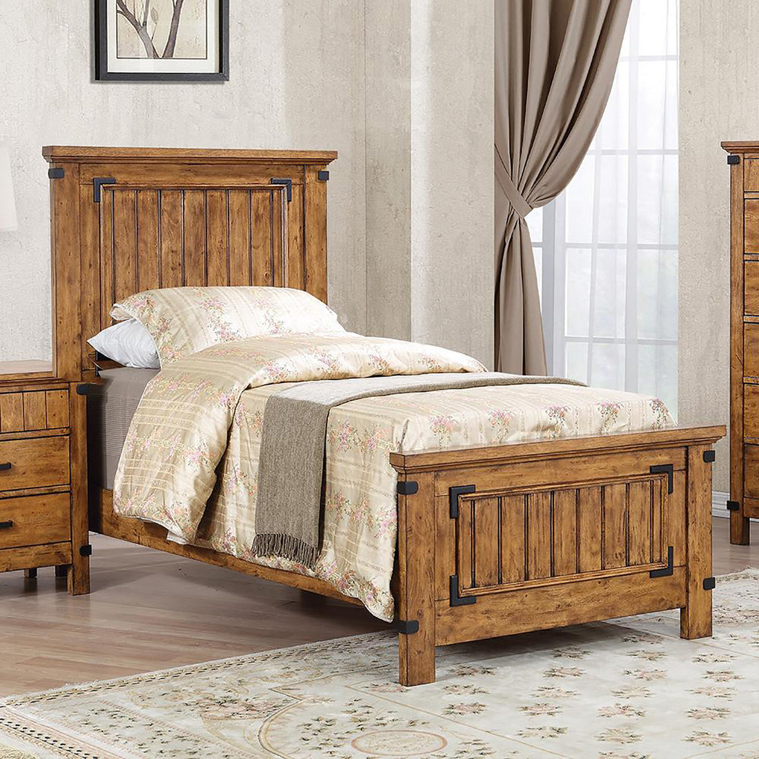 Rustic Honey Twin Panel Bed Box Spring Required Twin Brown Wood Brown Bedroom Rustic Rubberwood Panel Wood