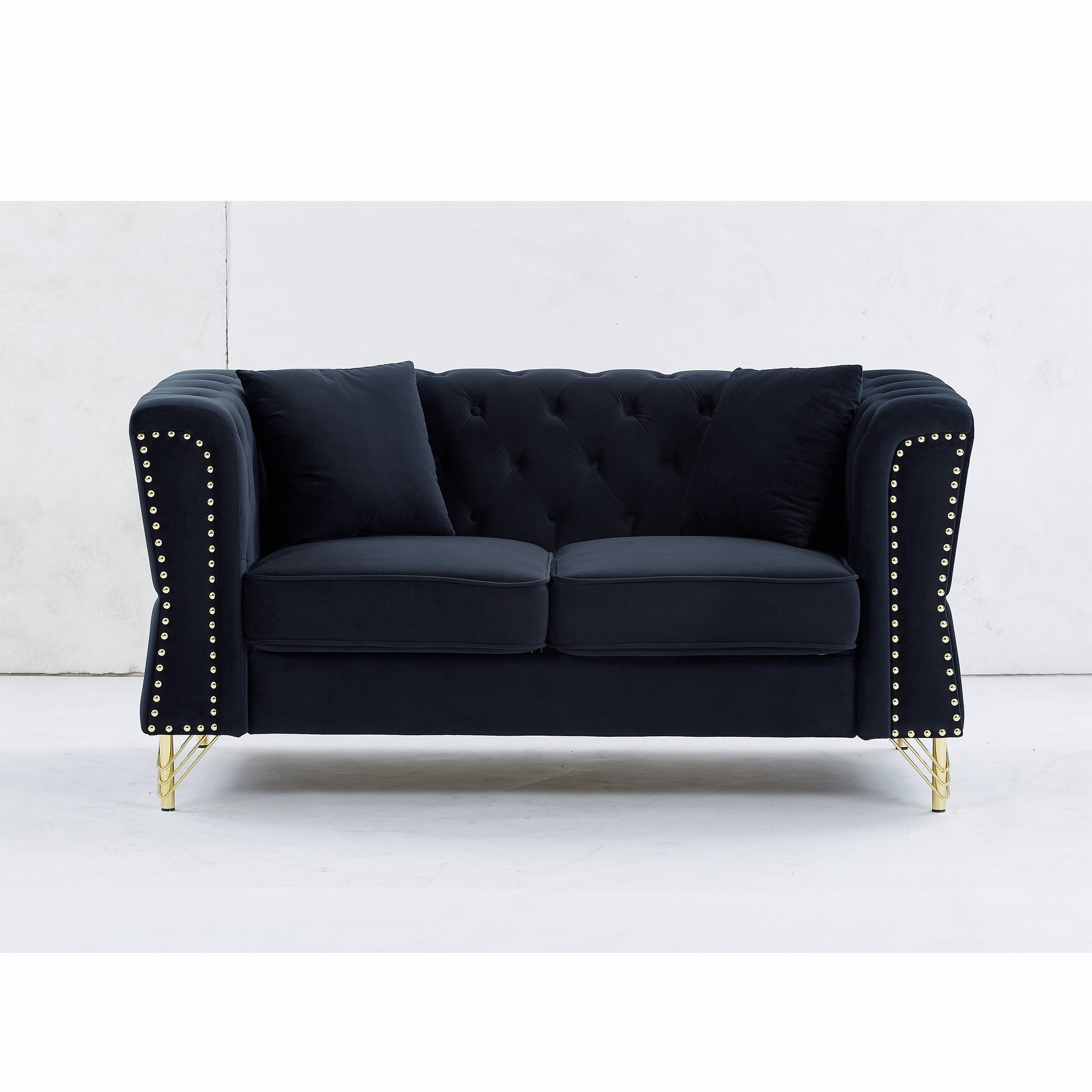 81.8" Chesterfield Sofa Grey Velvet For Living Room, 3 Seater Sofa Tufted Couch With Metal Foot And For Living Room, Bedroom, Office, Apartment, Two Pillows Black Foam Velvet