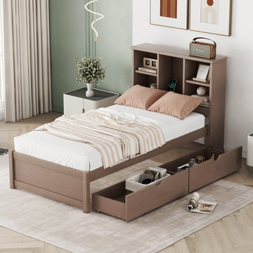 Modern Twin Size Bed Frame With Built In Usb Port On Bookcase Headboard And 2 Drawers For Walnut Color Box Spring Not Required Twin Walnut Bedroom Bed Frame Particle Board