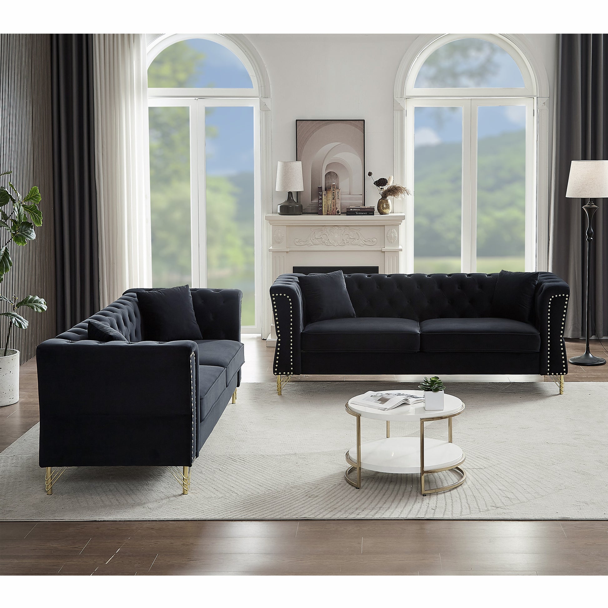 3 Seater 3 Seater Combination Sofa Tufted Couch With Rolled Arms And For Living Room, Bedroom, Office, Apartment, Four Pillows Black Foam Velvet