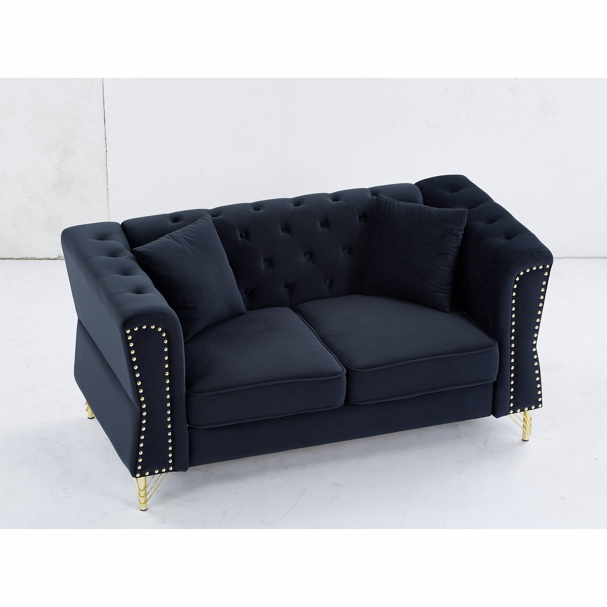3 Seater 2 Seater Combination Sofa Tufted Couch With Rolled Arms And For Living Room, Bedroom, Office, Apartment, Four Pillows Black Foam Velvet