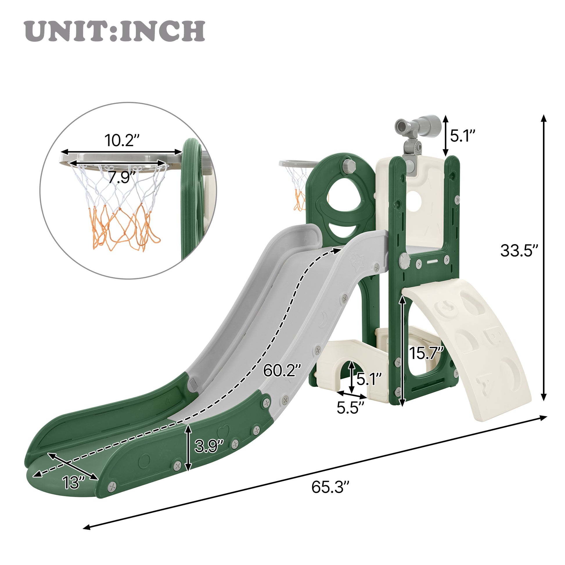 Kids Slide Playset Structure 5 In 1, Freestanding Space Set With Slide, Telescope And Basketball Hoop, Golf Holes For Toddlers, Kids Climbers Playground Green Hdpe