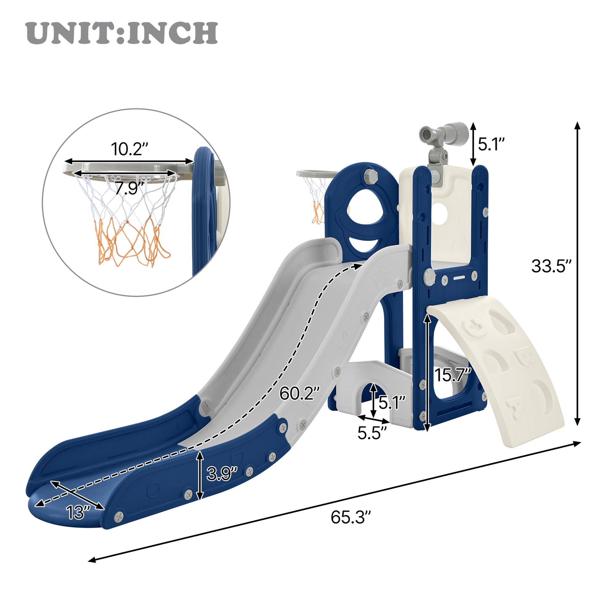 Kids Slide Playset Structure 5 In 1, Freestanding Space Set With Slide, Telescope And Basketball Hoop, Golf Holes For Toddlers, Kids Climbers Playground Blue Grey Hdpe