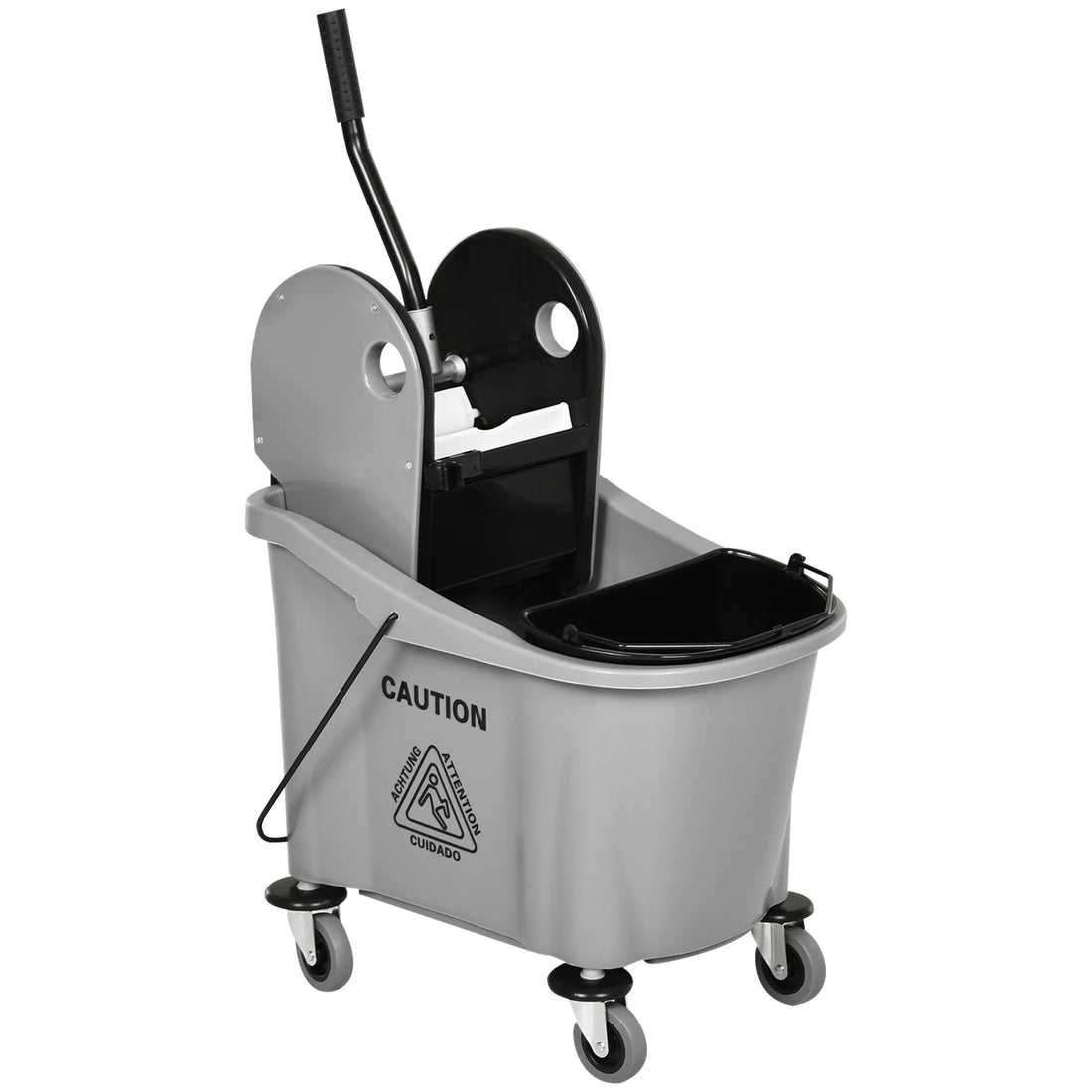 Homcom 9.5 Gallon 38 Quart Mop Bucket With Wringer Cleaning Cart, 4 Moving Wheels, 2 Separate Buckets, & Mop Handle Holder, Grey Gray Plastic
