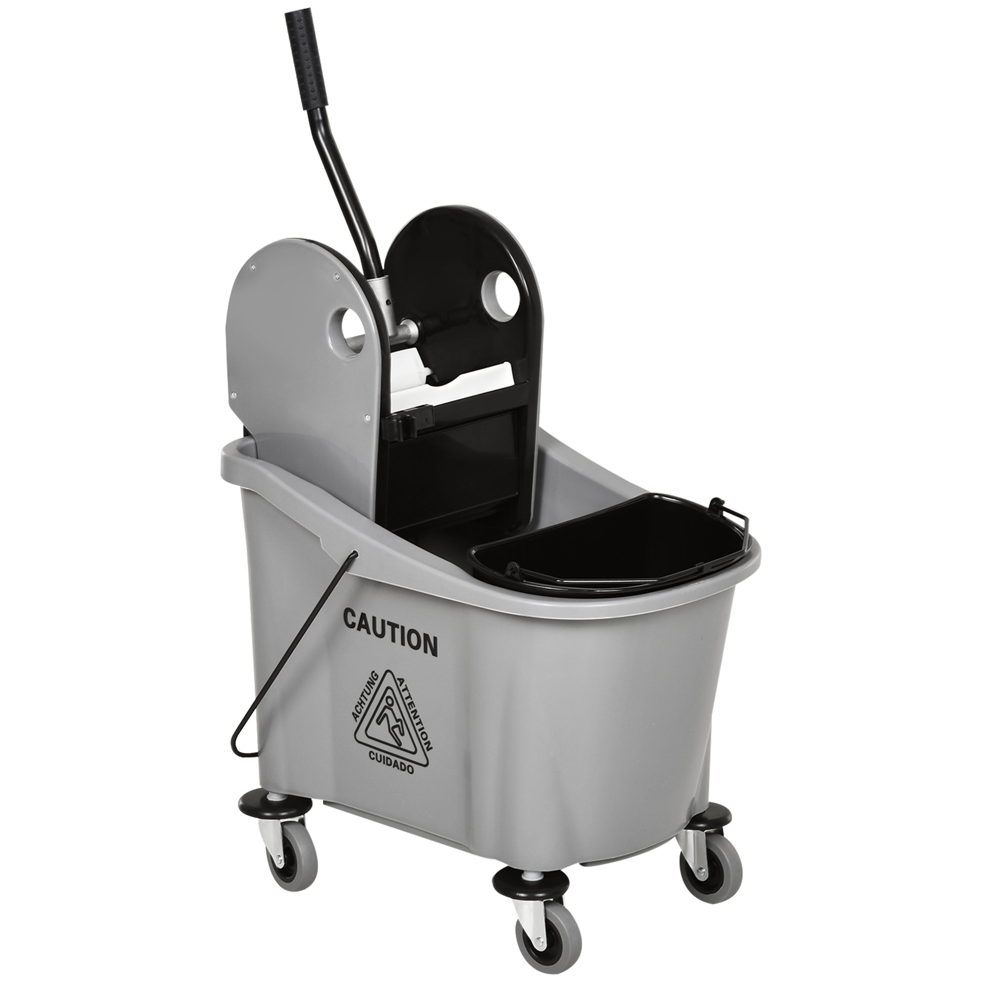 Homcom 9.5 Gallon 38 Quart Mop Bucket With Wringer Cleaning Cart, 4 Moving Wheels, 2 Separate Buckets, & Mop Handle Holder, Grey Gray Plastic