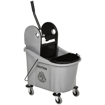 Homcom 9.5 Gallon 38 Quart Mop Bucket With Wringer Cleaning Cart, 4 Moving Wheels, 2 Separate Buckets, & Mop Handle Holder, Grey Gray Plastic