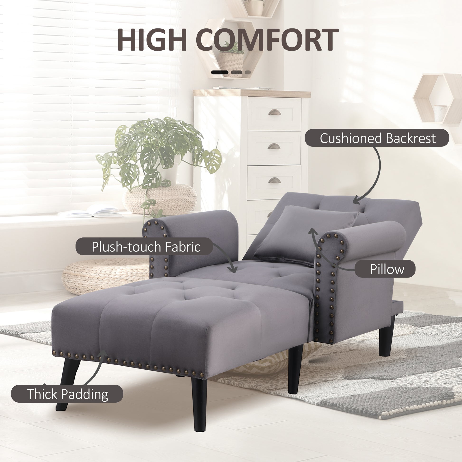 Homcom 2 In 1 Chaise Lounge Indoor With Rolled Armrest, Trim And Button Tufting, Adjustable Velvet Fabric Upholstered Sofa For Bedroom And Living Room, Grey Gray Fabric