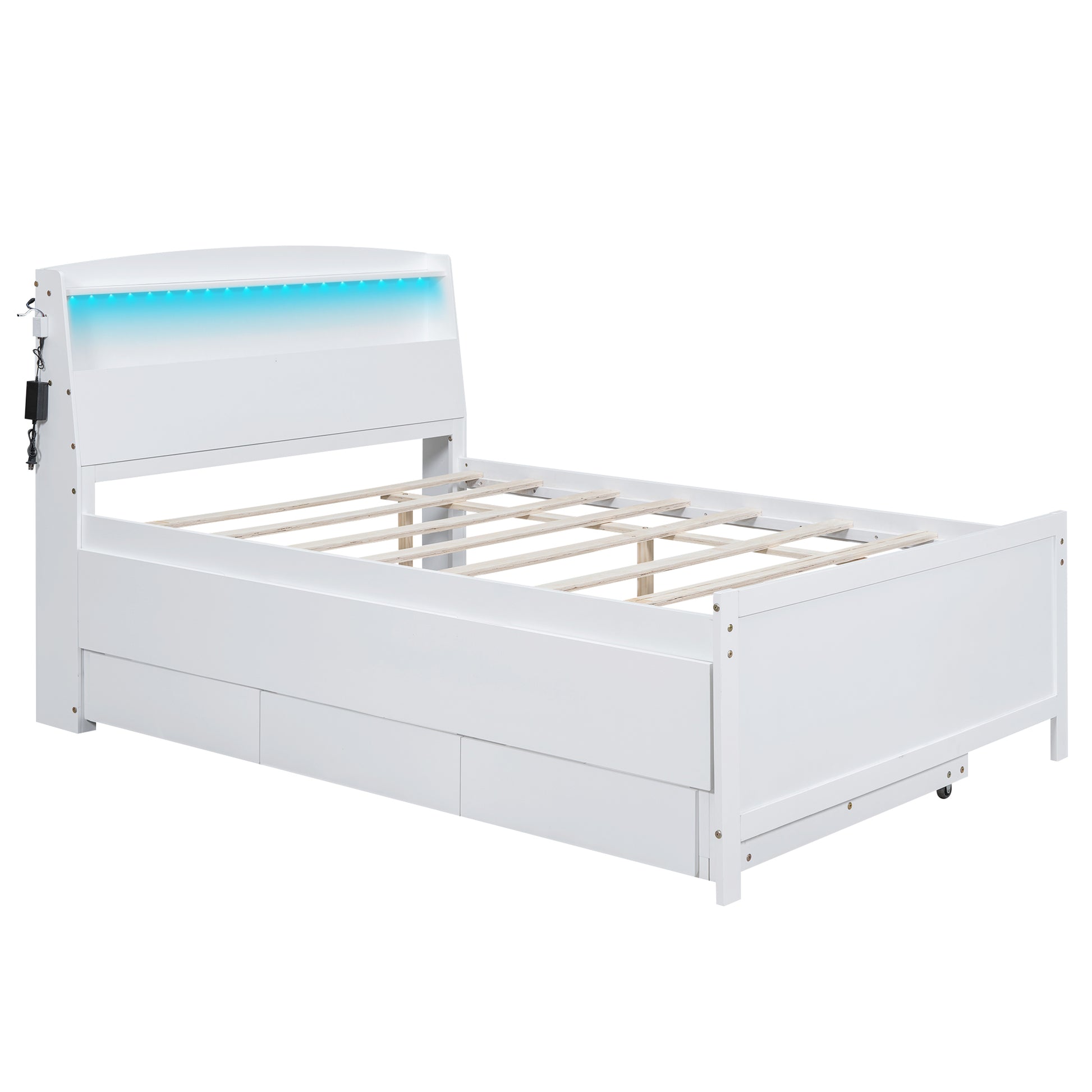 Full Size Platform Bed With Storage Led Headboard, Twin Size Trundle And 3 Drawers, White Box Spring Not Required Full White Bedroom Bed Frame Solid Wood Mdf