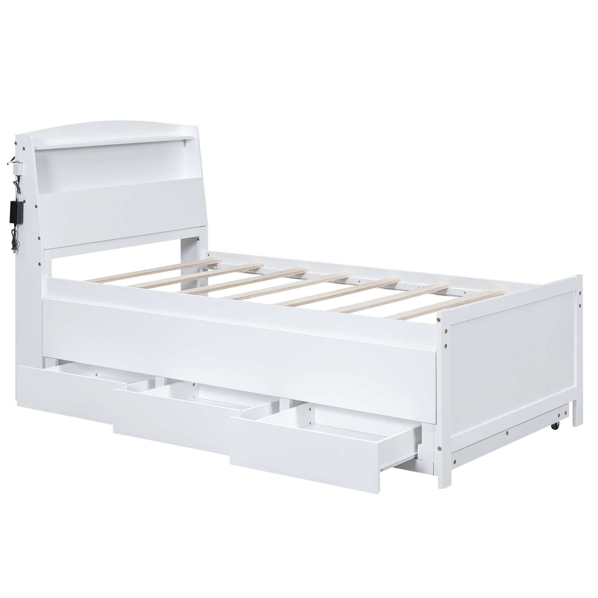 Twin Size Platform Bed With Storage Led Headboard, Twin Size Trundle And 3 Drawers, White Box Spring Not Required Twin White Bedroom Bed Frame Solid Wood Mdf
