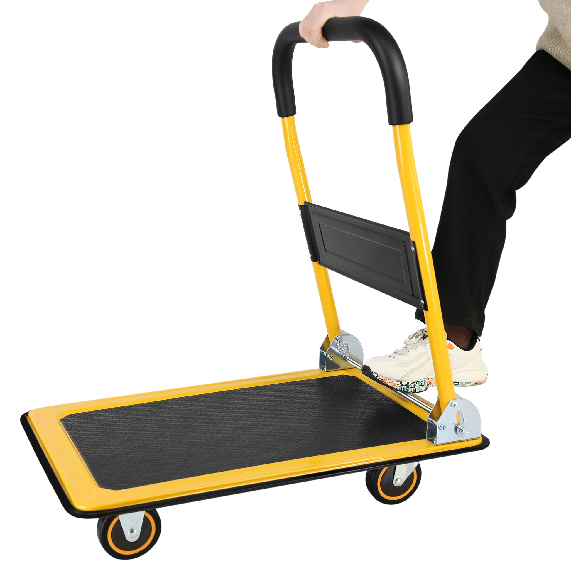 Moving Platform Hand Truck Home Large Foldable Push Cart Dolly 330 Lbs Capacity Heavy Duty Space Saving Collapsible Swivel Push Handle Flat Bed Wagon Yellow Steel