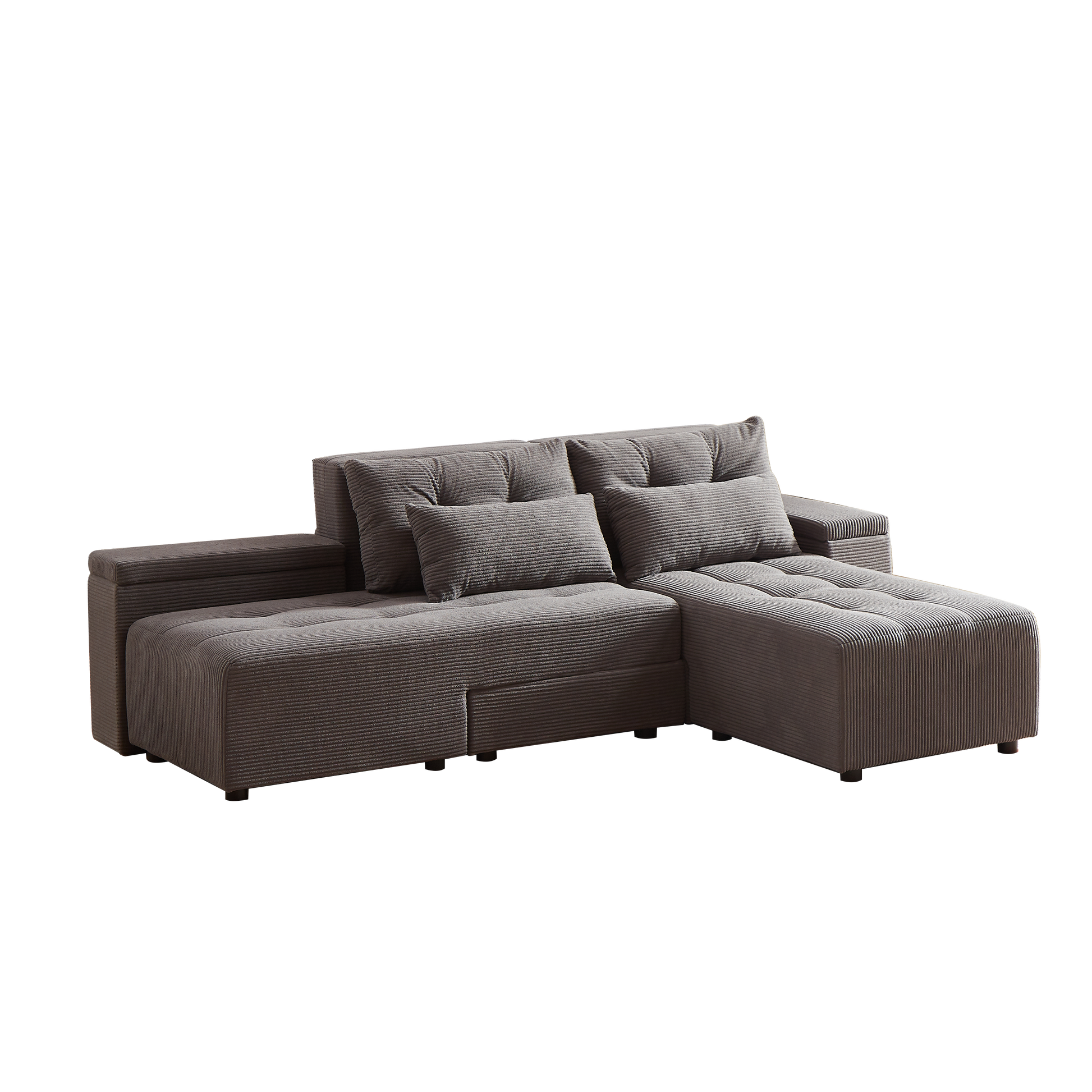 Convertible 3 In 1 Sleeper Sofa And Sectional Sofa With 4 Storage Space For Living Room,Corduroy Couch With 4 Pillows,Corduroy Grey Corduroy 3 Seat