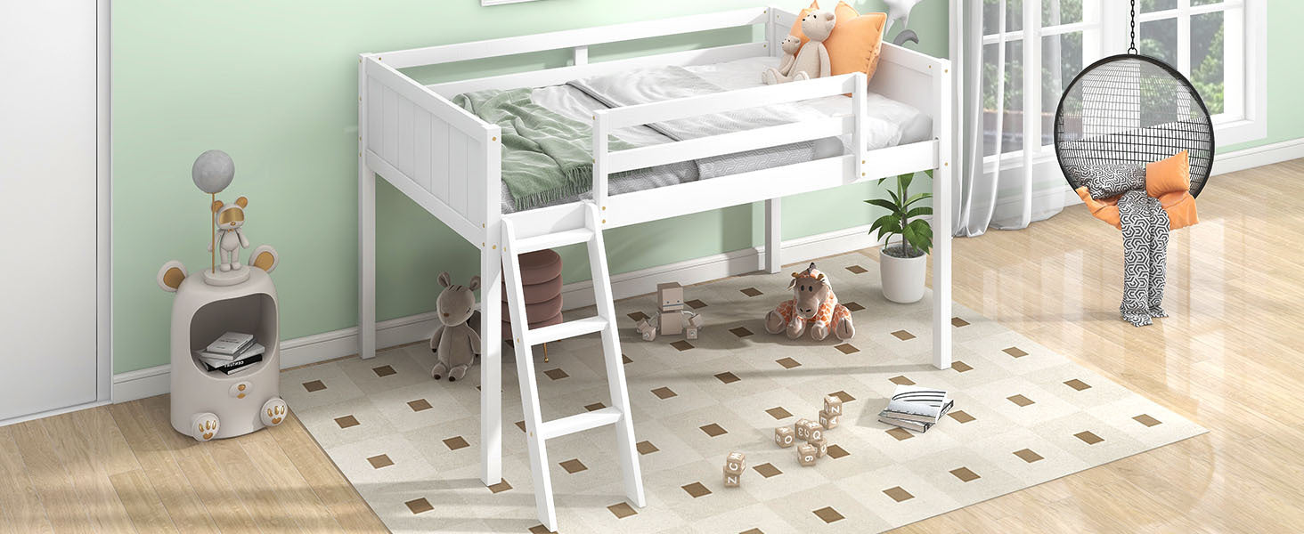 Twin Size Wood Low Loft Bed With Ladder, Ladder Can Be Placed On The Left Or Right, White Box Spring Not Required Twin White Wood Bedroom Solid Wood Mdf