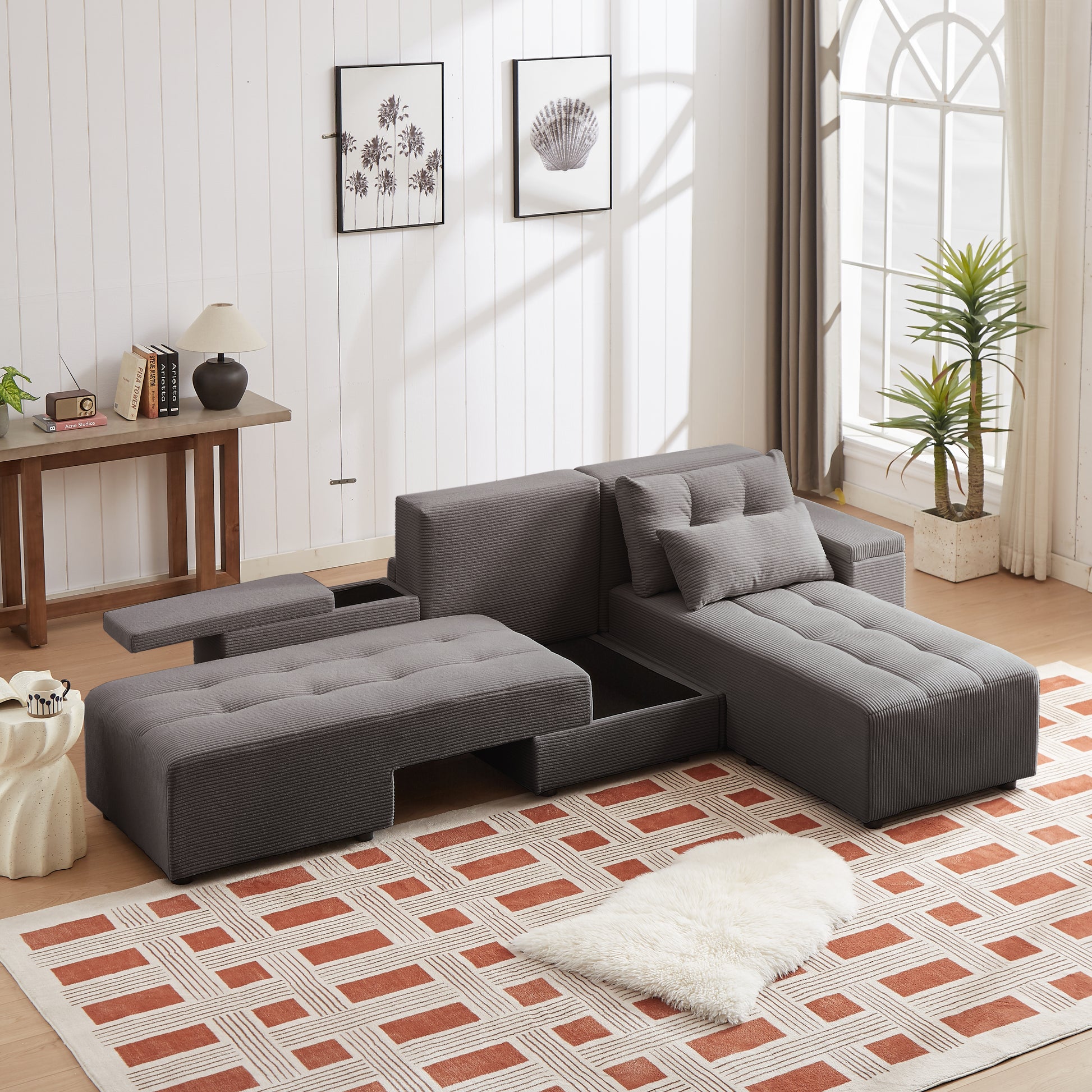Convertible 3 In 1 Sleeper Sofa And Sectional Sofa With 4 Storage Space For Living Room,Corduroy Couch With 4 Pillows,Corduroy Grey Corduroy 3 Seat