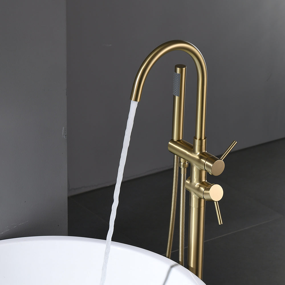 Single Handle Freestanding Tub Filler Floor Mount Bathtub Faucet With Handheld Shower Brushed Gold Bathroom Joystick Claw Foot Tub Faucets Curved Two Brushed Gold Pull Out Floor Mounted Cartridge Valve Single Hole Faucets Gold Antique,Classic 1 Hole