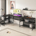 U shaped Desk with Shelve and LED lights black-mdf