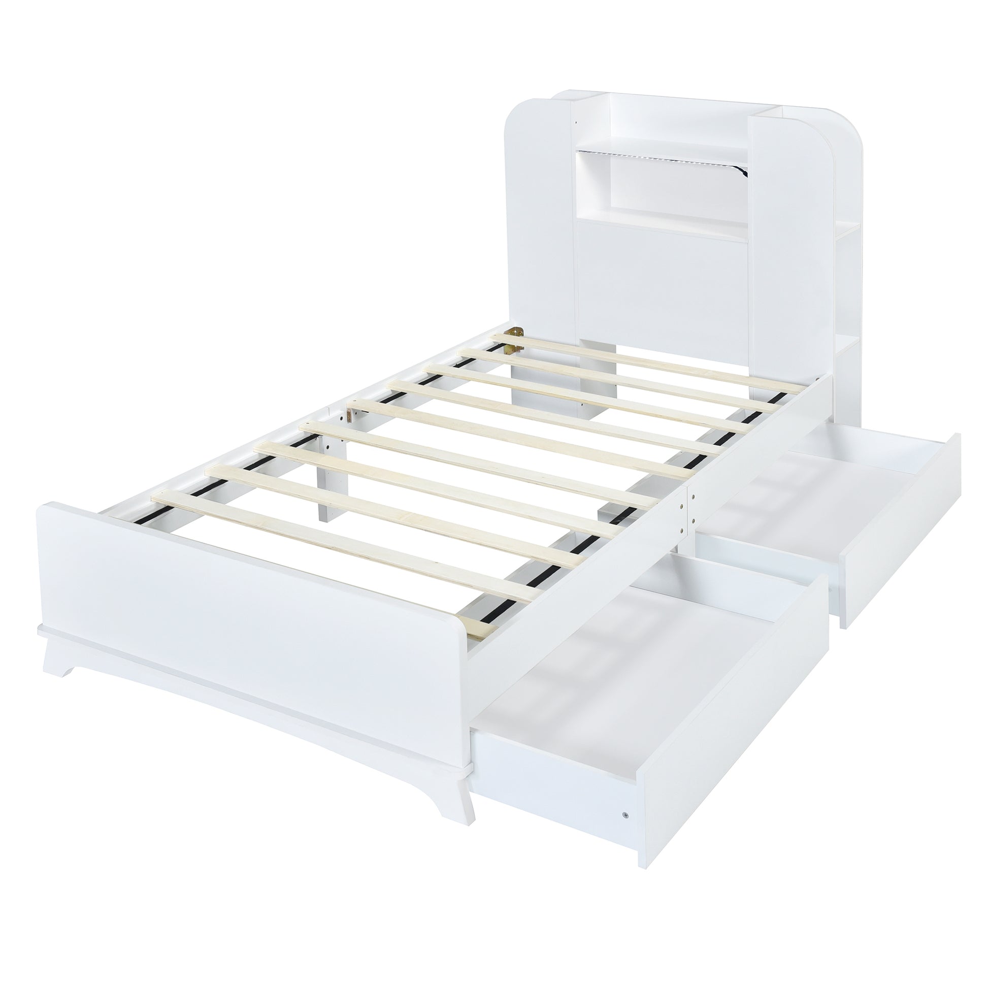 Twin Size Storage Platform Bed Frame With With Two Drawers And Light Strip Design In Headboard,White White Solid Wood Mdf